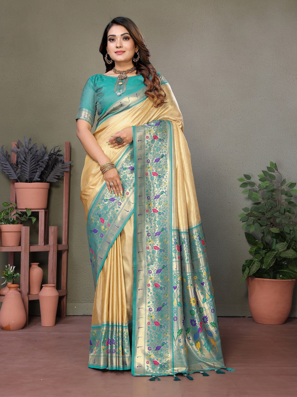 Vedant Vastram Tissue Silk Paithani Silk Saree - Light Yellow