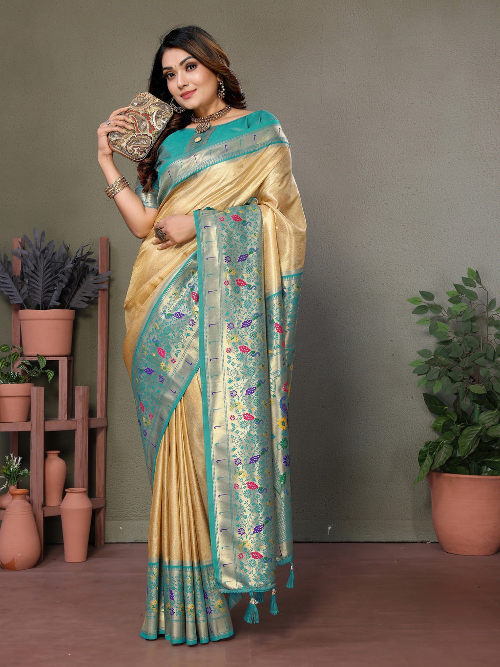 Vedant Vastram Tissue Silk Paithani Silk Saree - Light Yellow