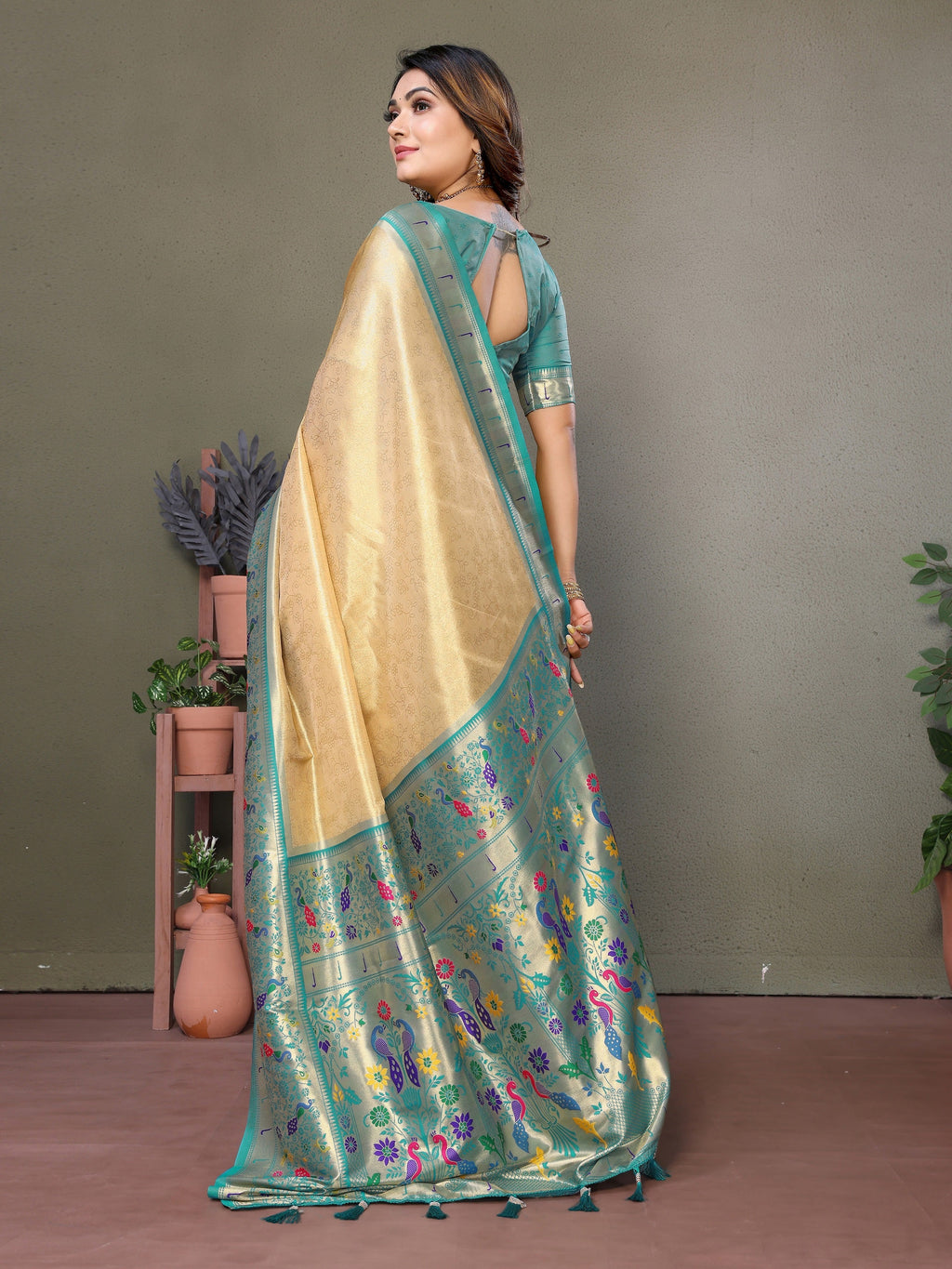 Vedant Vastram Tissue Silk Paithani Silk Saree - Light Yellow