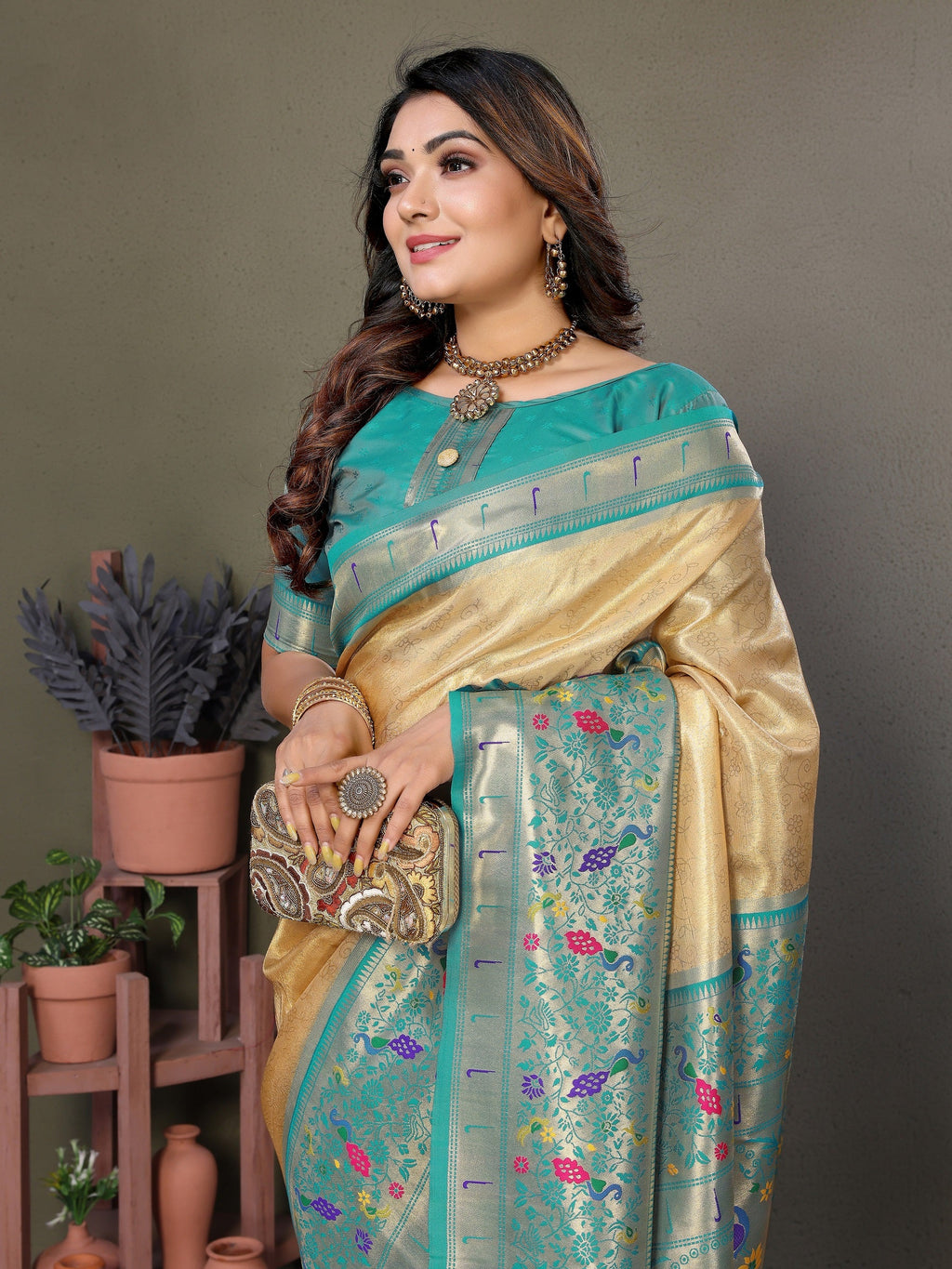 Vedant Vastram Tissue Silk Paithani Silk Saree - Light Yellow
