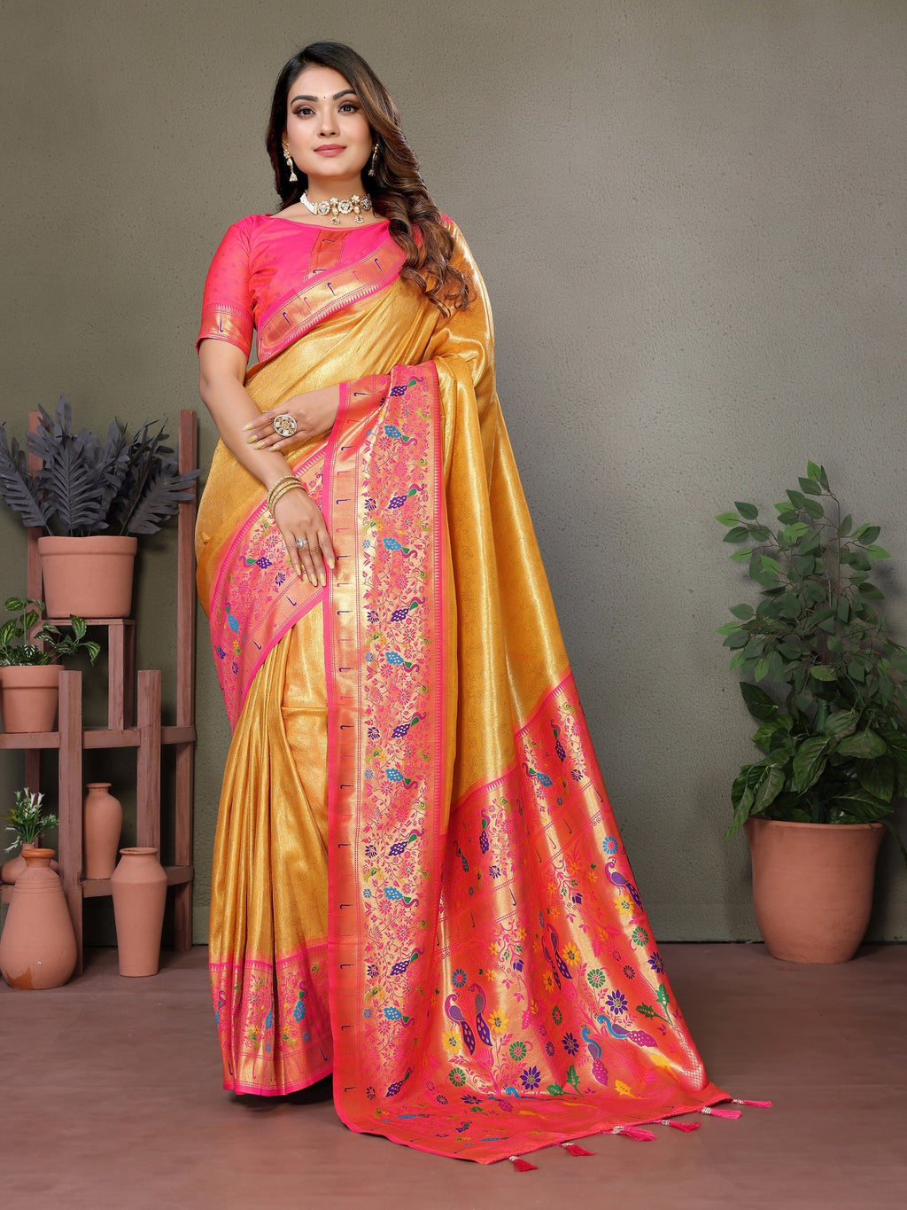 Vedant Vastram Tissue Silk Paithani Silk Saree - Mustard