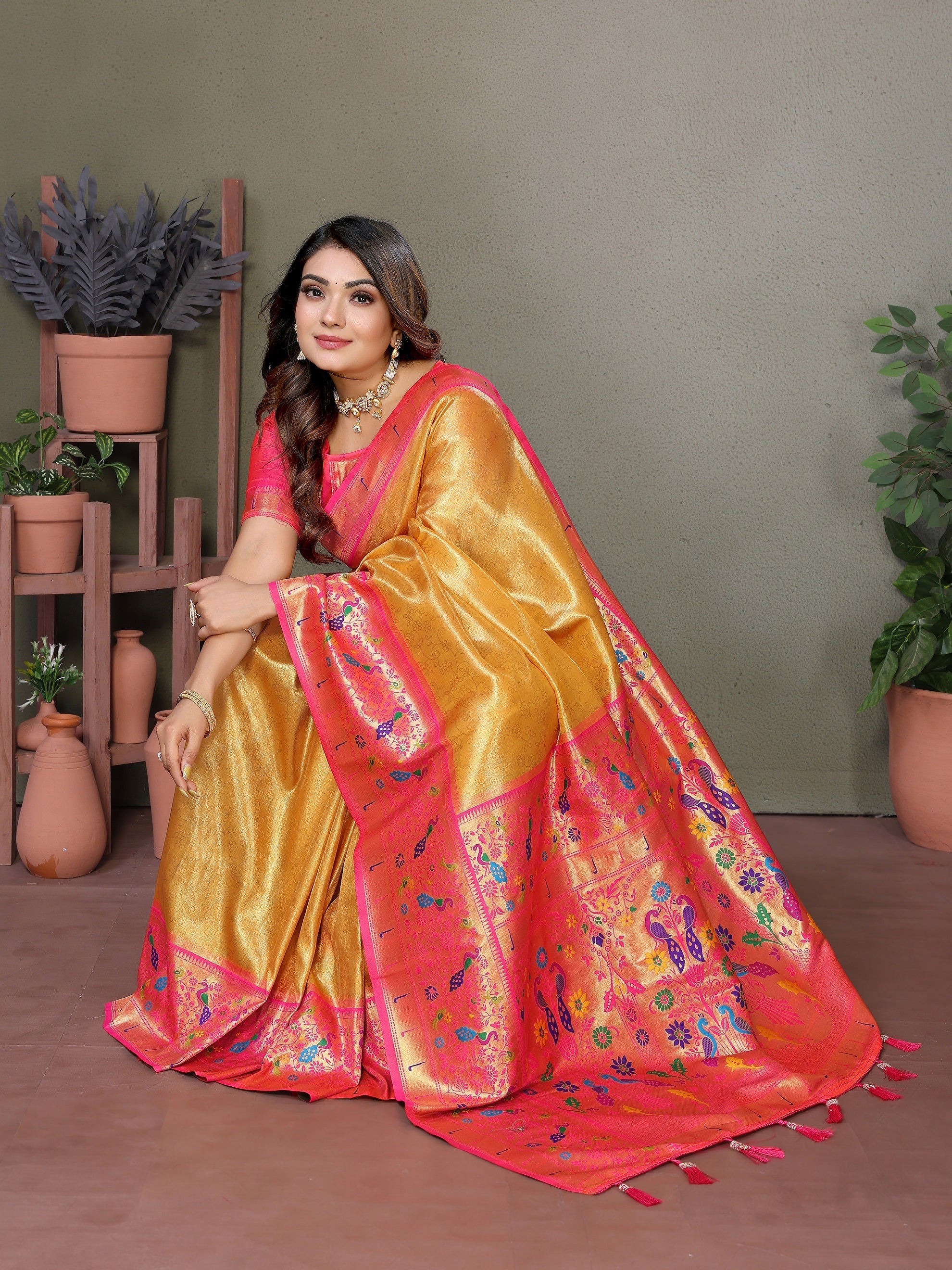 Vedant Vastram Tissue Silk Paithani Silk Saree - Mustard