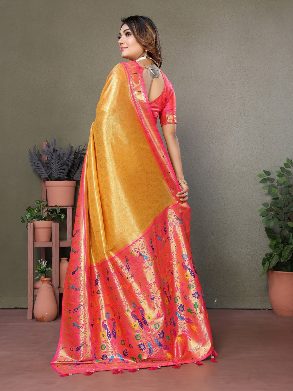 Vedant Vastram Tissue Silk Paithani Silk Saree - Mustard