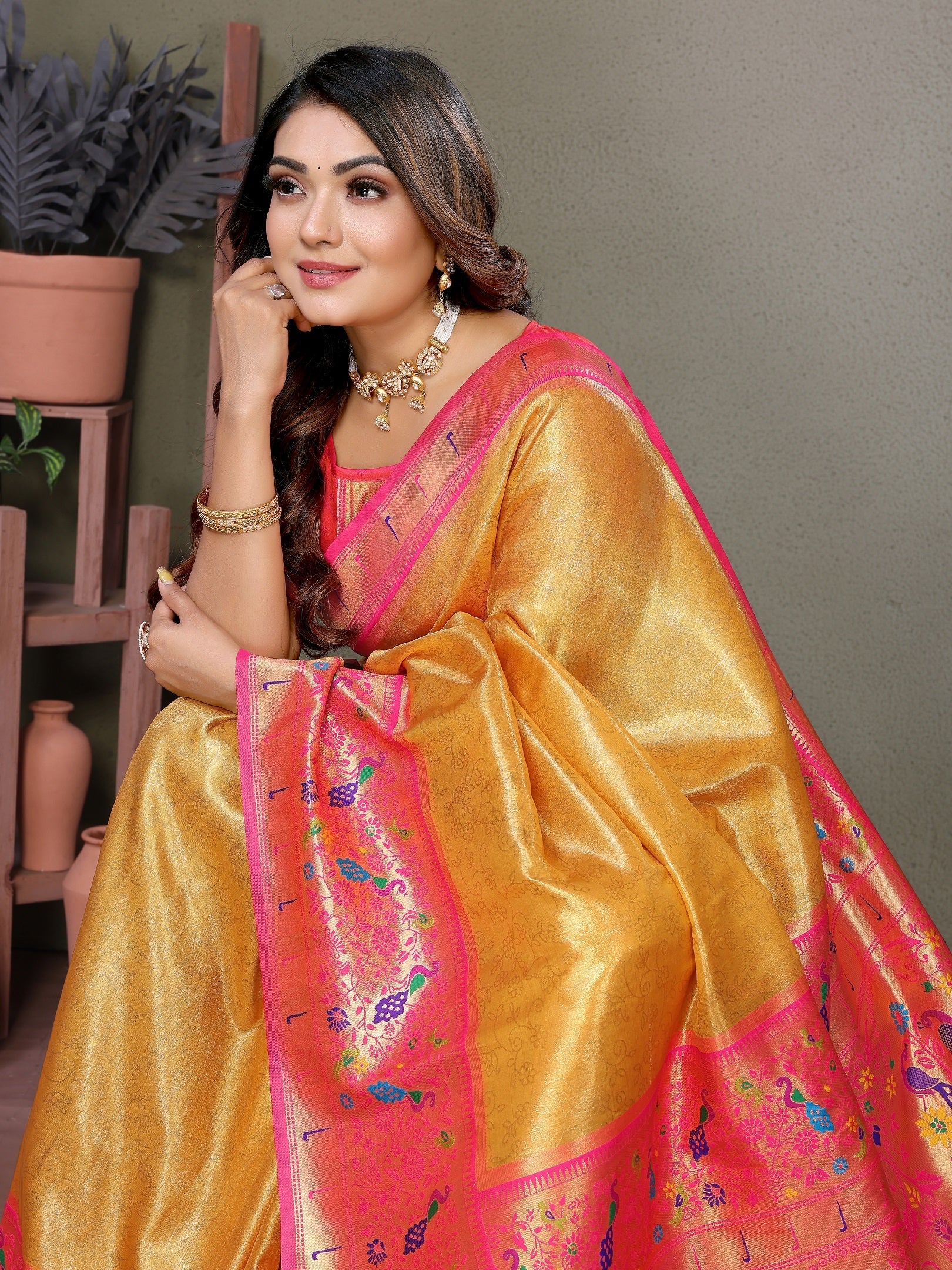 Vedant Vastram Tissue Silk Paithani Silk Saree - Mustard