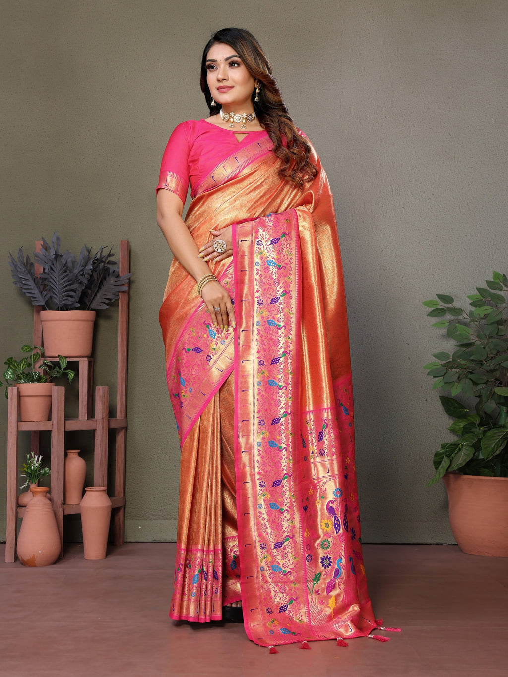 Vedant Vastram Tissue Silk Paithani Silk Saree - Orange