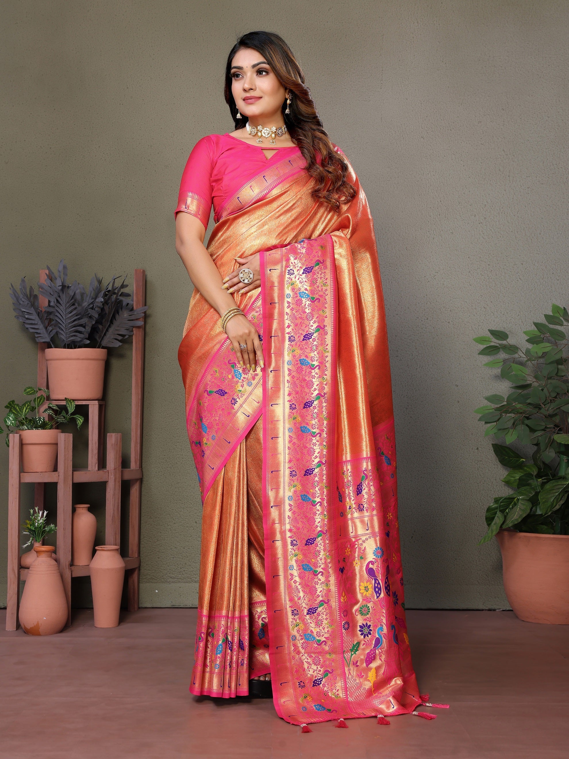 Vedant Vastram Tissue Silk Paithani Silk Saree - Orange