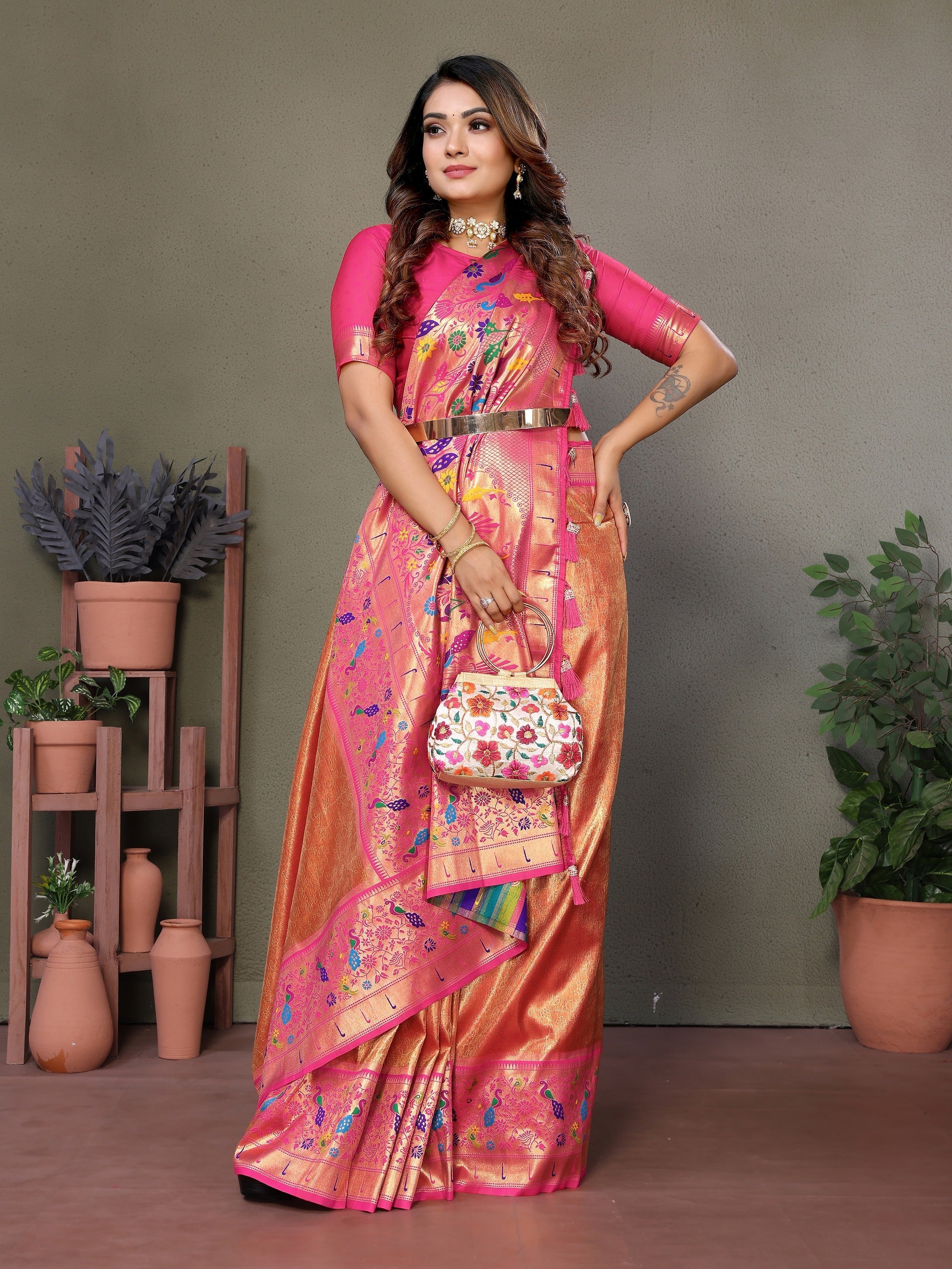 Vedant Vastram Tissue Silk Paithani Silk Saree - Orange