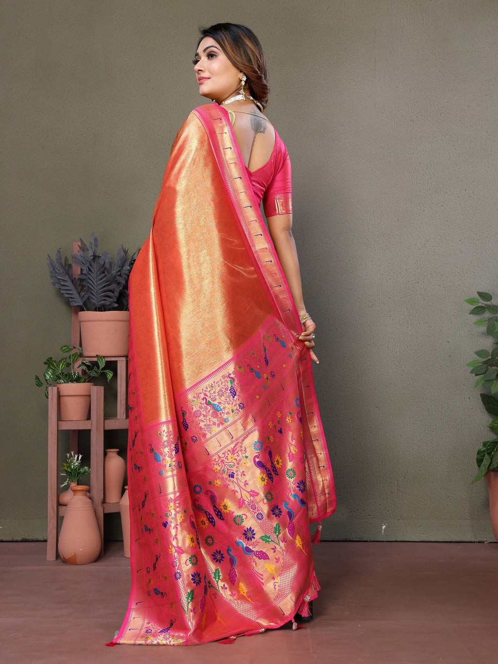 Vedant Vastram Tissue Silk Paithani Silk Saree - Orange