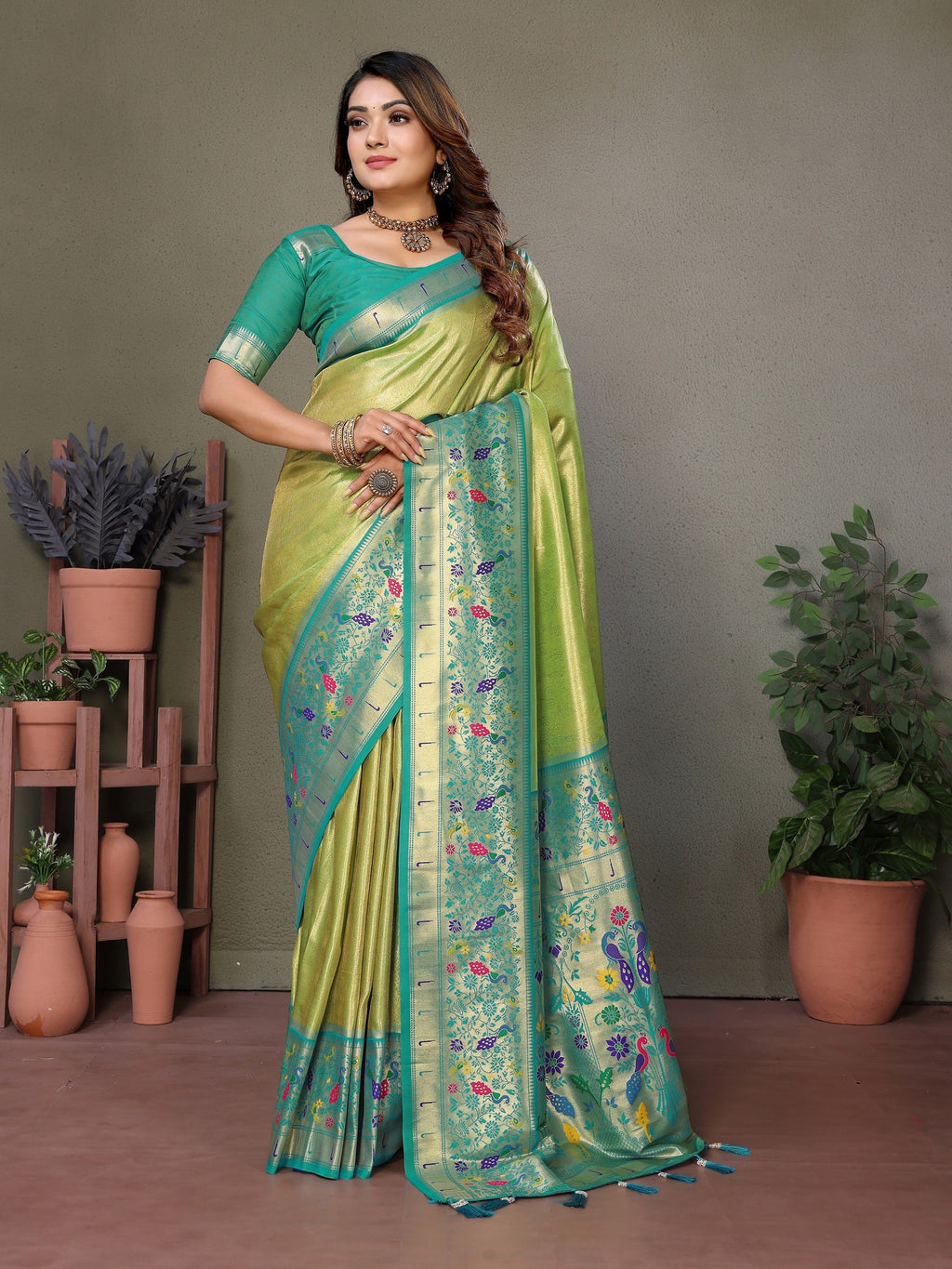 Vedant Vastram Tissue Silk Paithani Silk Saree - Parrot
