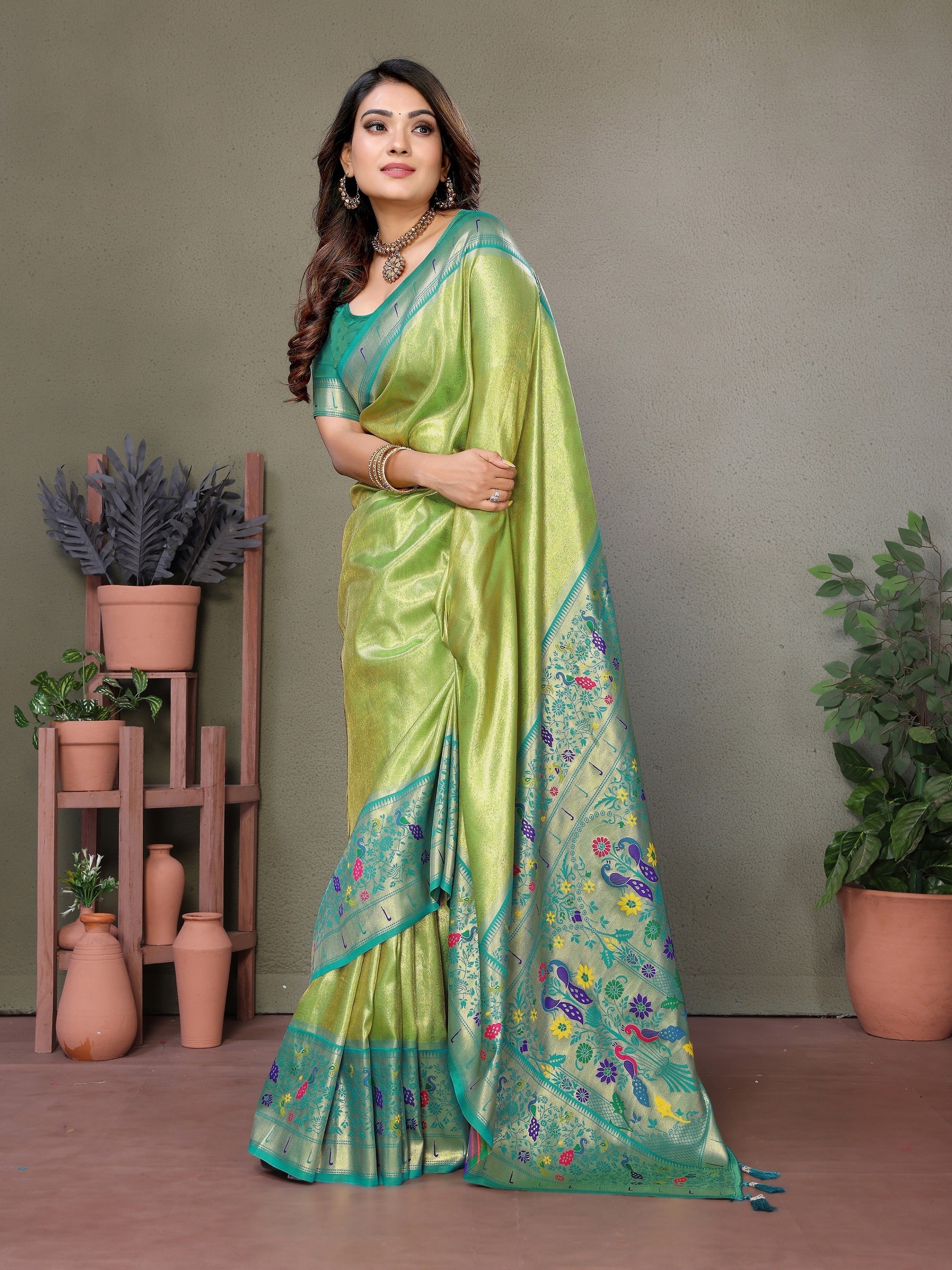 Vedant Vastram Tissue Silk Paithani Silk Saree - Parrot