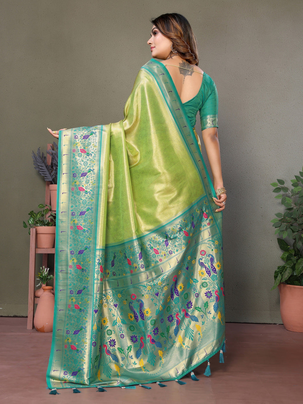 Vedant Vastram Tissue Silk Paithani Silk Saree - Parrot