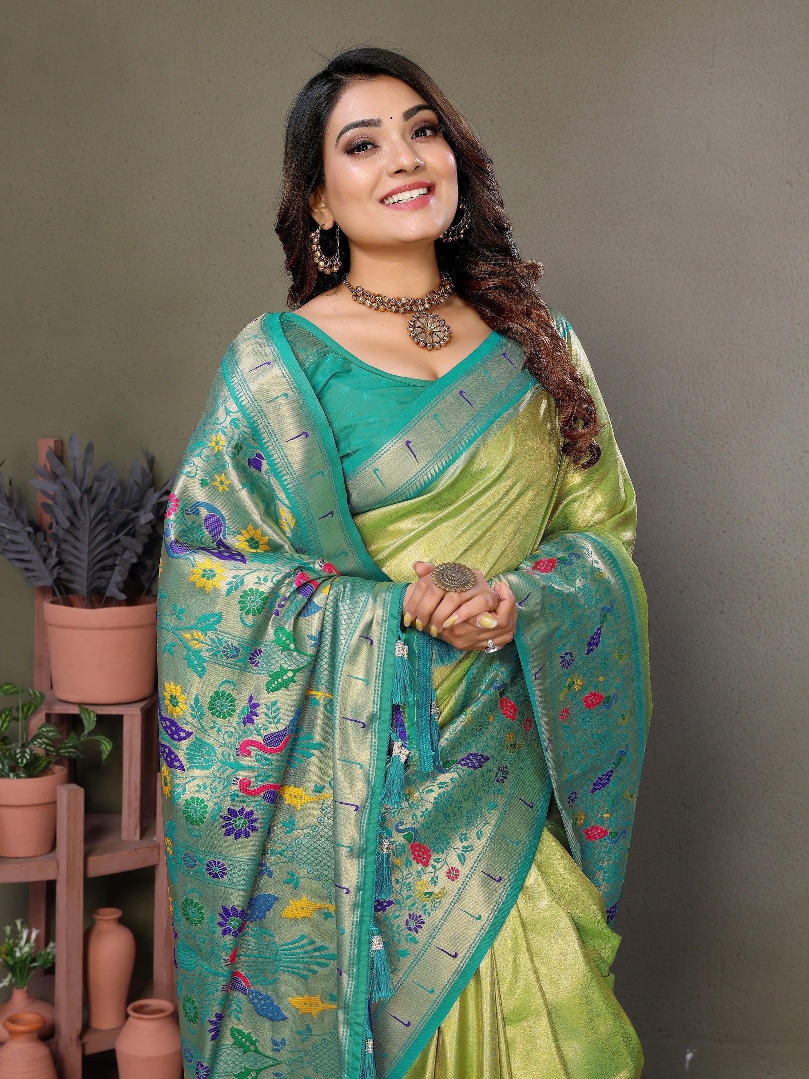 Vedant Vastram Tissue Silk Paithani Silk Saree - Parrot