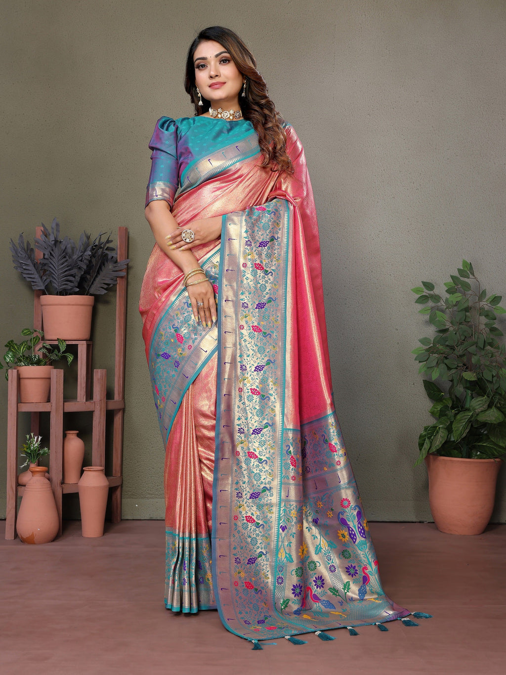 Vedant Vastram Tissue Silk Paithani Silk Saree - Peach