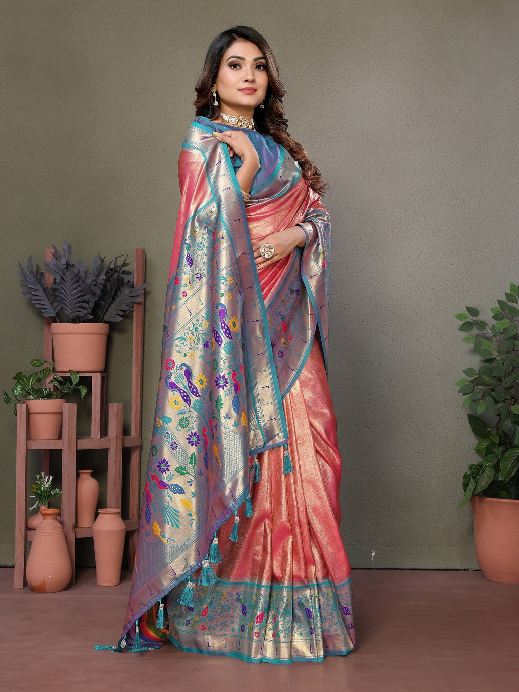 Vedant Vastram Tissue Silk Paithani Silk Saree - Peach