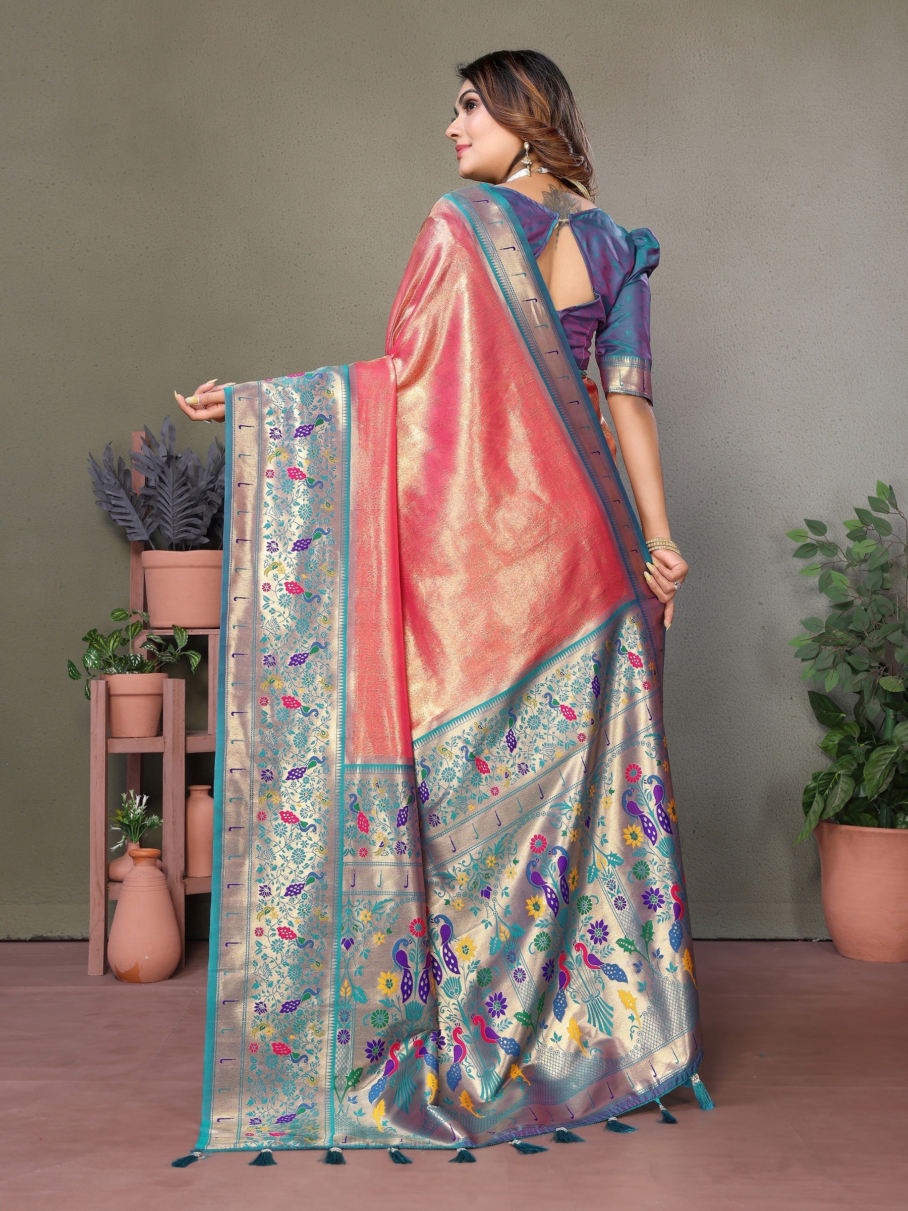 Vedant Vastram Tissue Silk Paithani Silk Saree - Peach