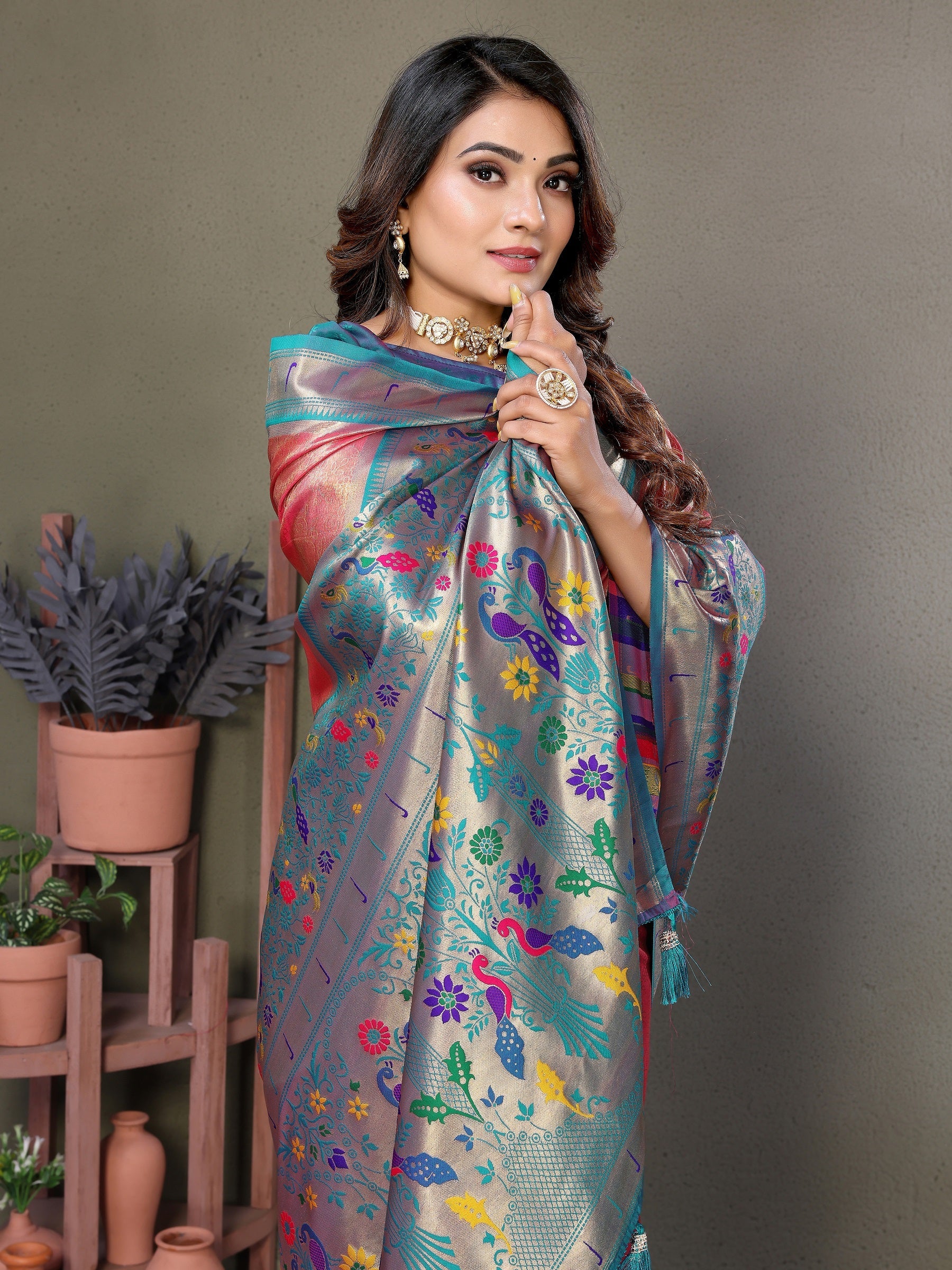 Vedant Vastram Tissue Silk Paithani Silk Saree - Peach