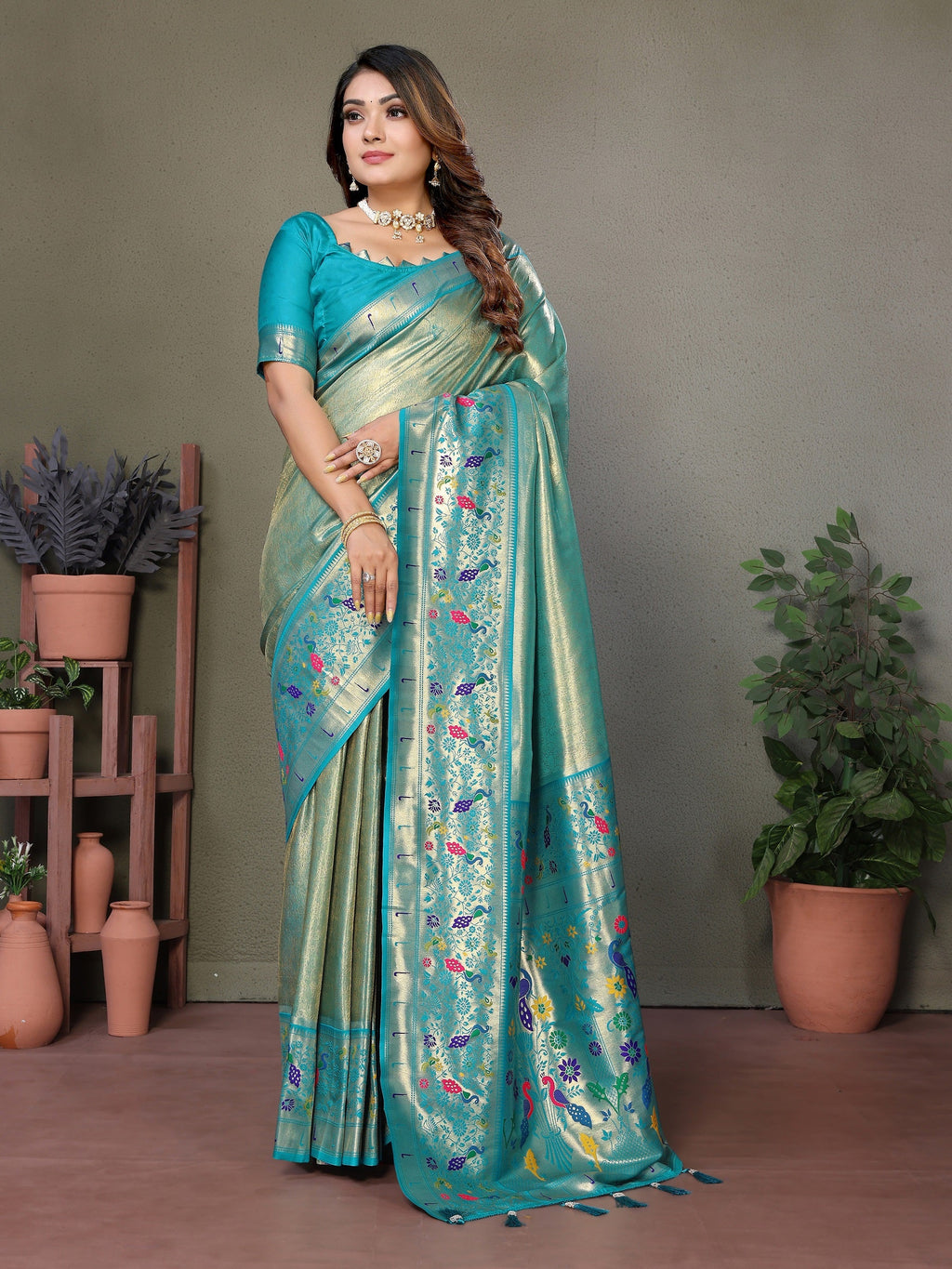 Vedant Vastram Tissue Silk Paithani Silk Saree - Rama