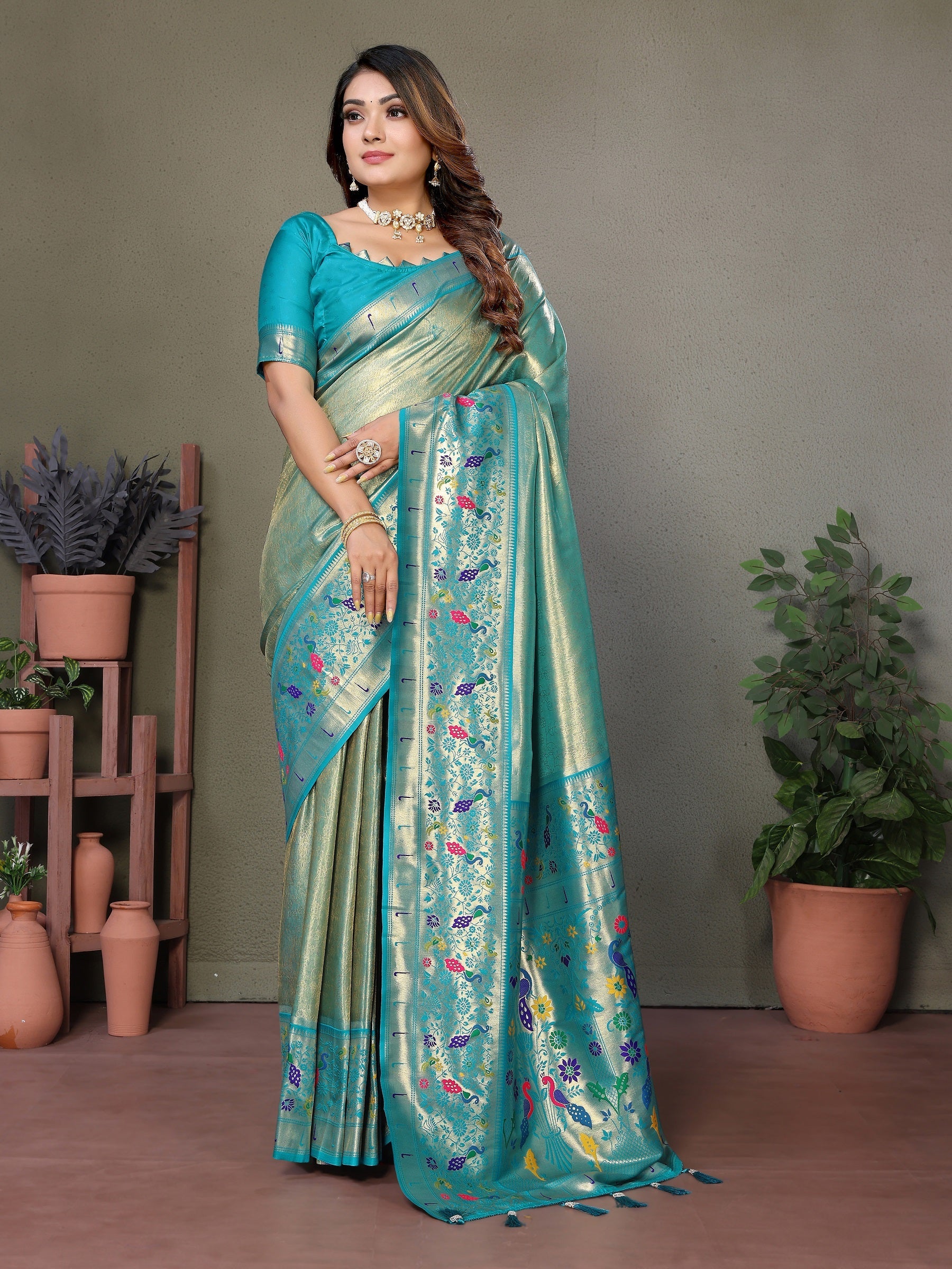 Vedant Vastram Tissue Silk Paithani Silk Saree - Rama