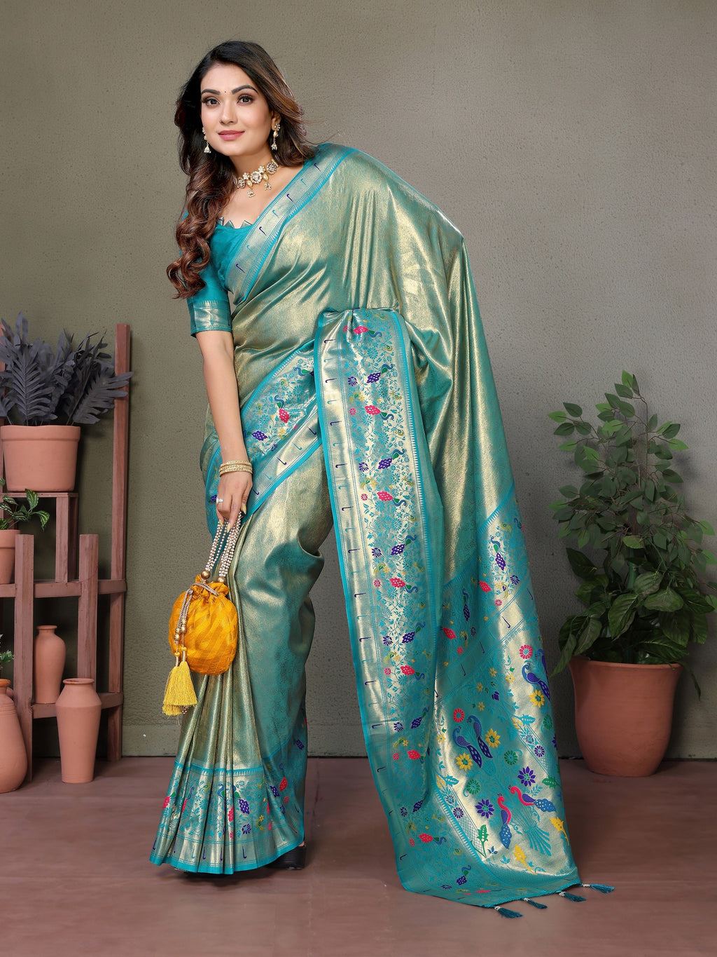 Vedant Vastram Tissue Silk Paithani Silk Saree - Rama