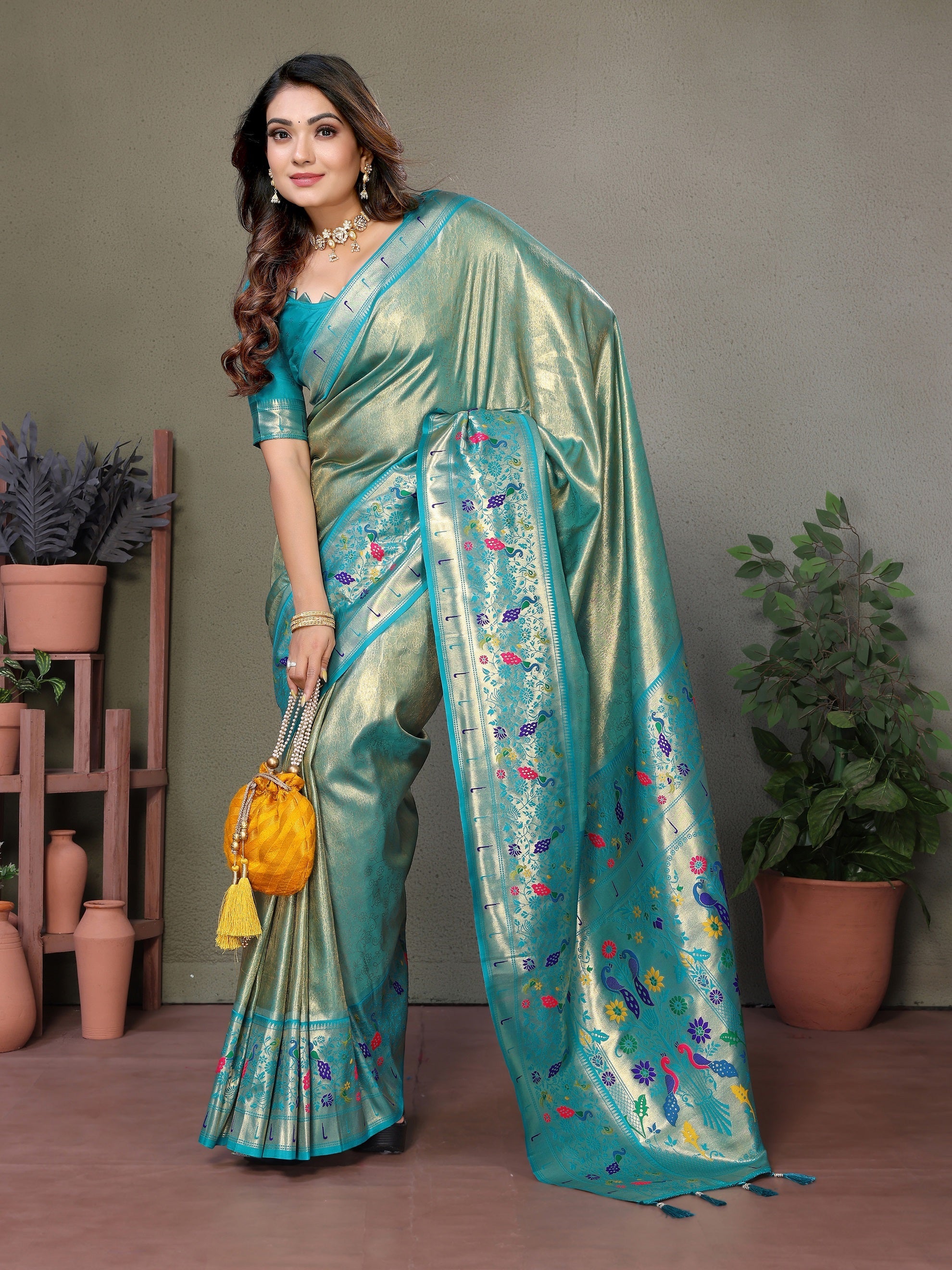 Vedant Vastram Tissue Silk Paithani Silk Saree - Rama