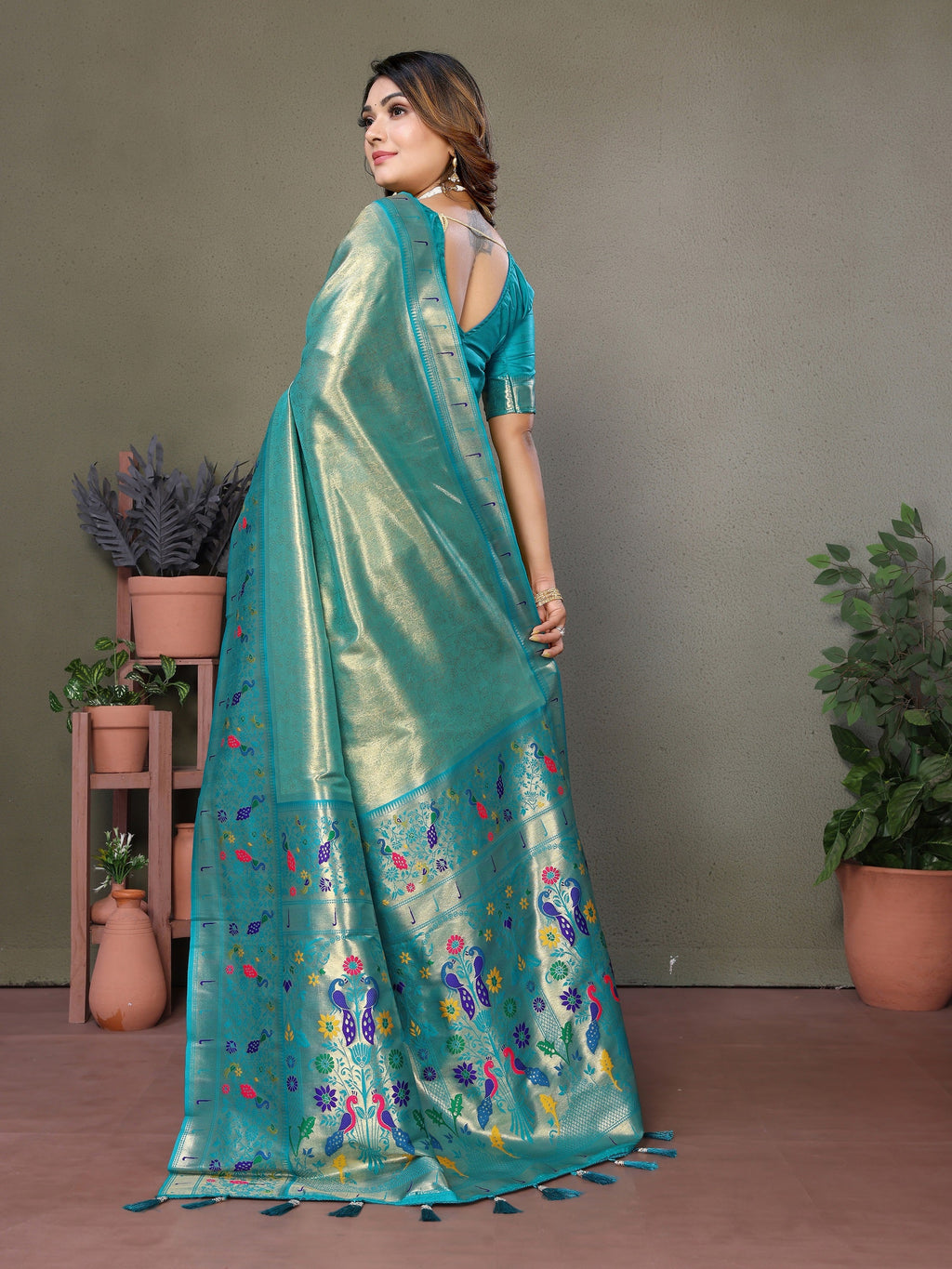 Vedant Vastram Tissue Silk Paithani Silk Saree - Rama