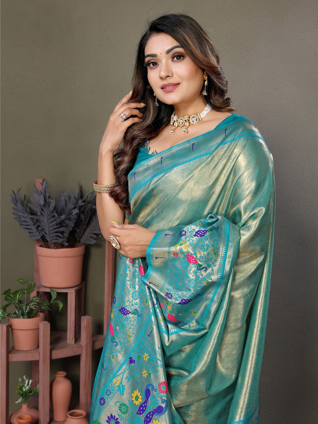 Vedant Vastram Tissue Silk Paithani Silk Saree - Rama