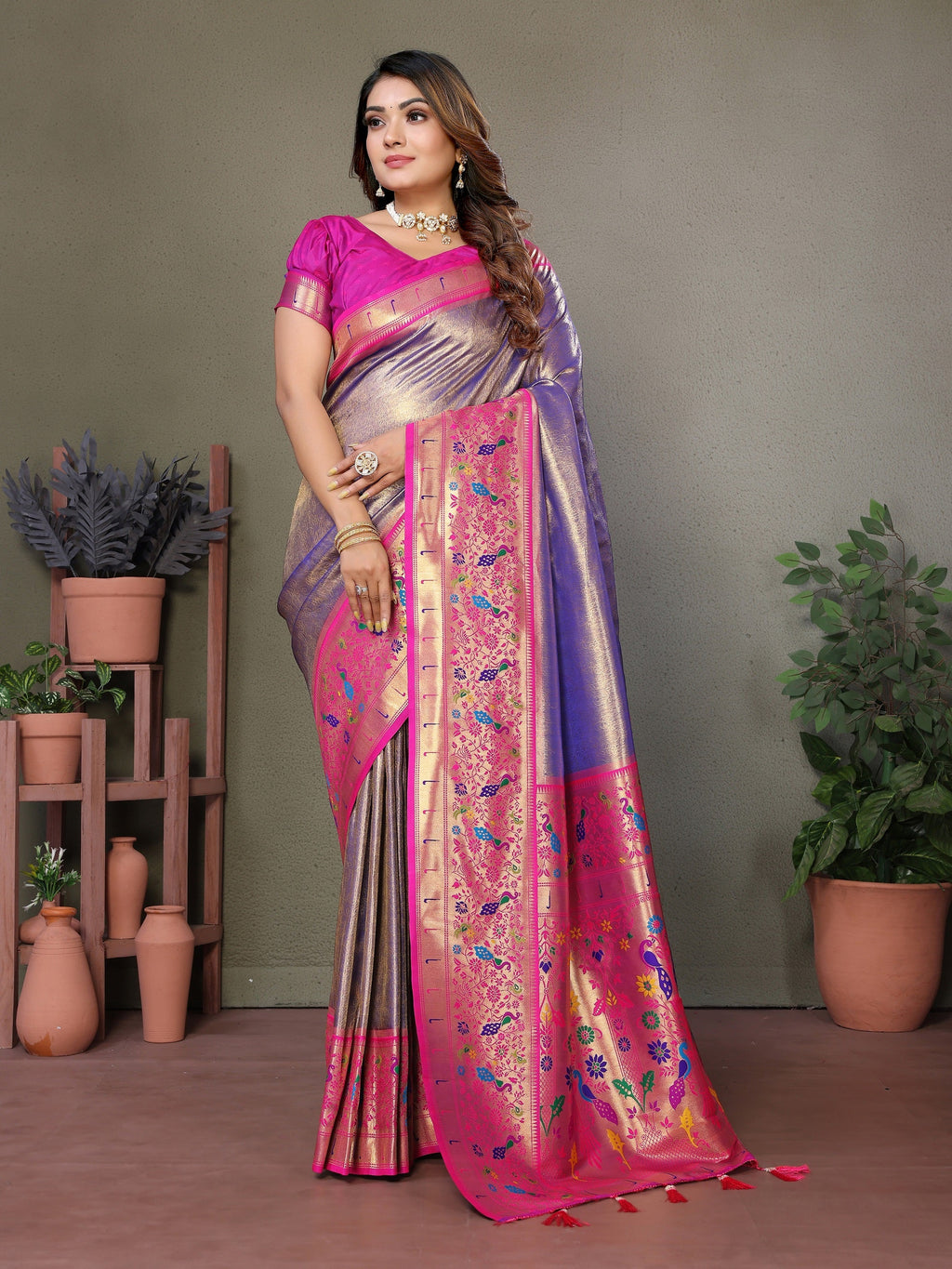 Vedant Vastram Tissue Silk Paithani Silk Saree - Sky Blue