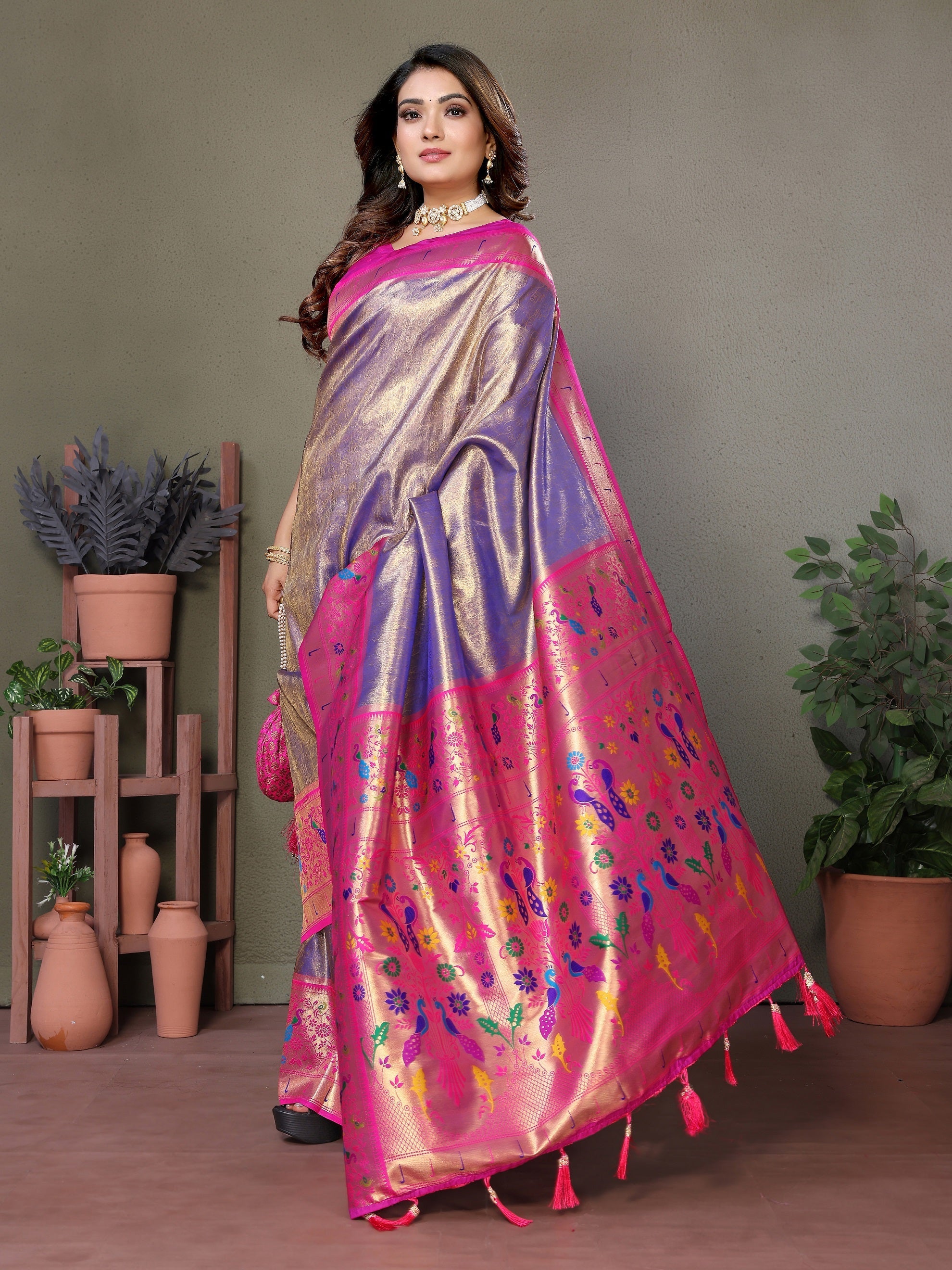 Vedant Vastram Tissue Silk Paithani Silk Saree - Sky Blue