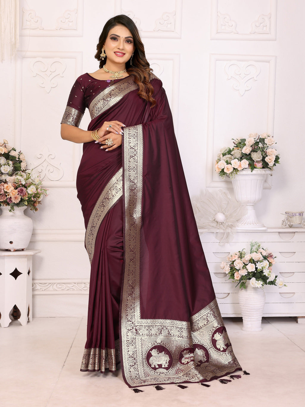 Vedant Vastram Soft Litchi Silk Banarasi Silk Saree - Maroon