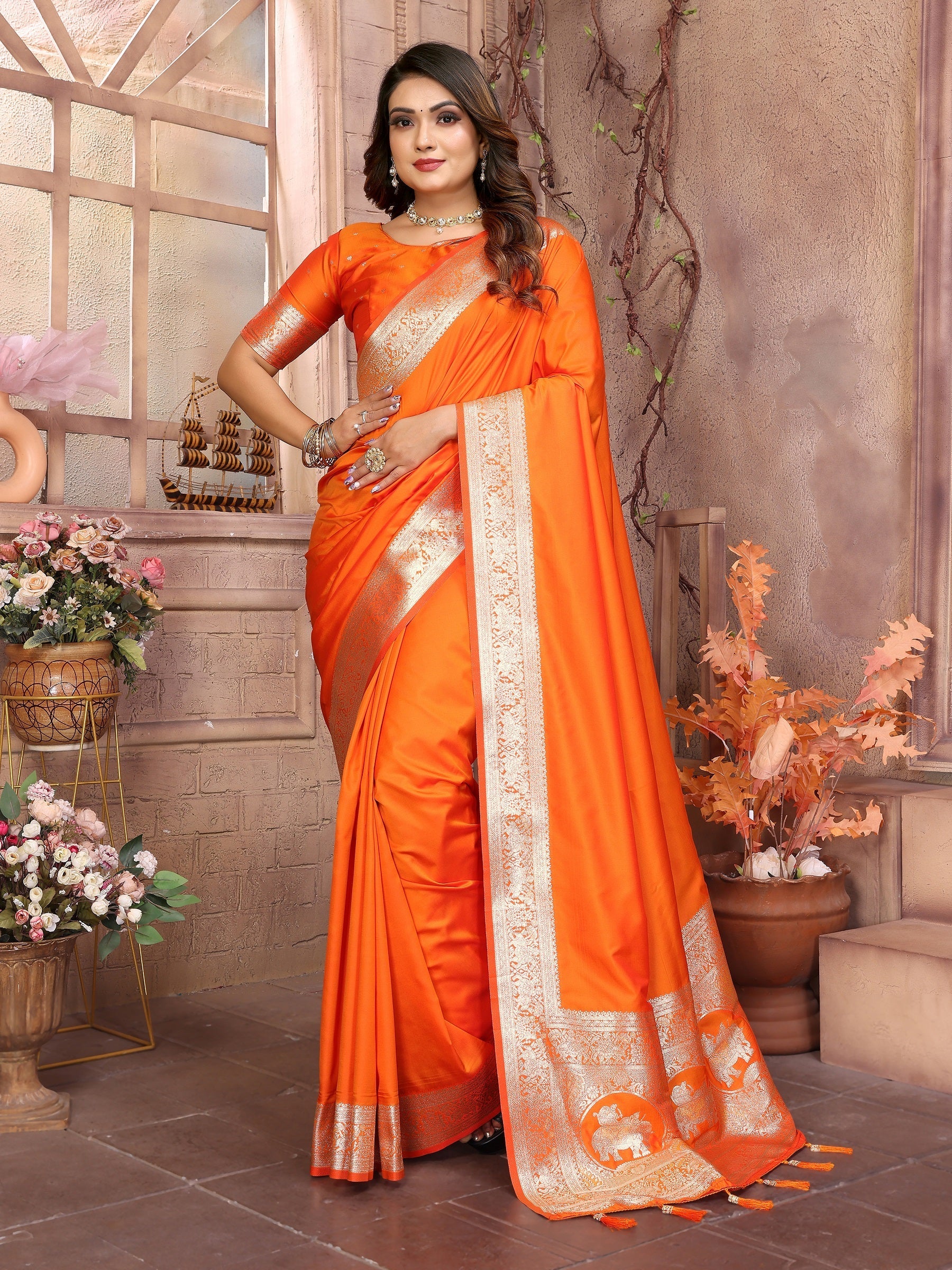 Vedant Vastram Soft Litchi Silk Banarasi Silk Saree - Orange