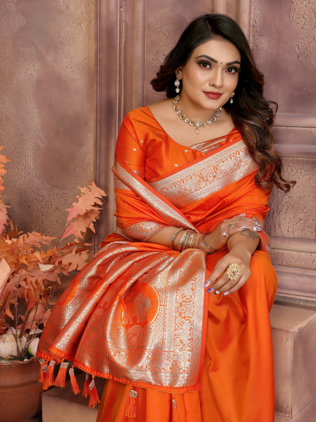 Vedant Vastram Soft Litchi Silk Banarasi Silk Saree - Orange