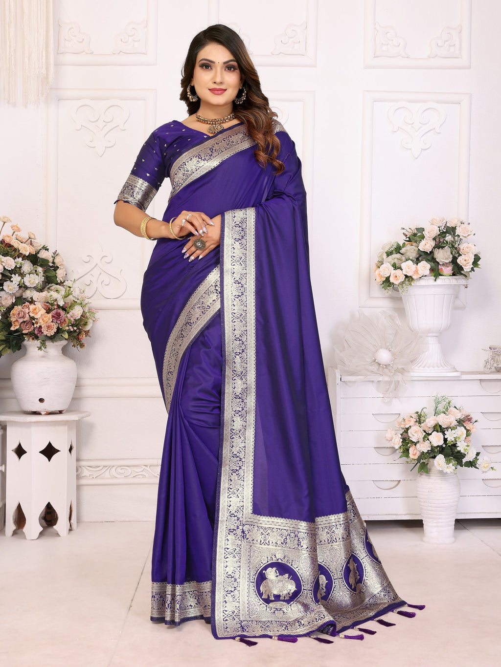 Vedant Vastram Soft Litchi Silk Banarasi Silk Saree - Violet
