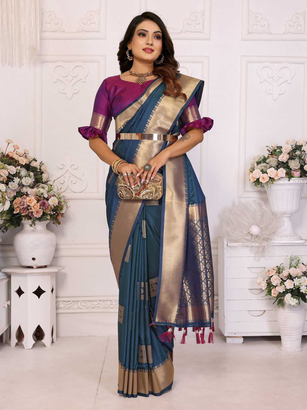 Vedant Vastram Soft Litchi Silk Banarasi Silk Saree - Blue