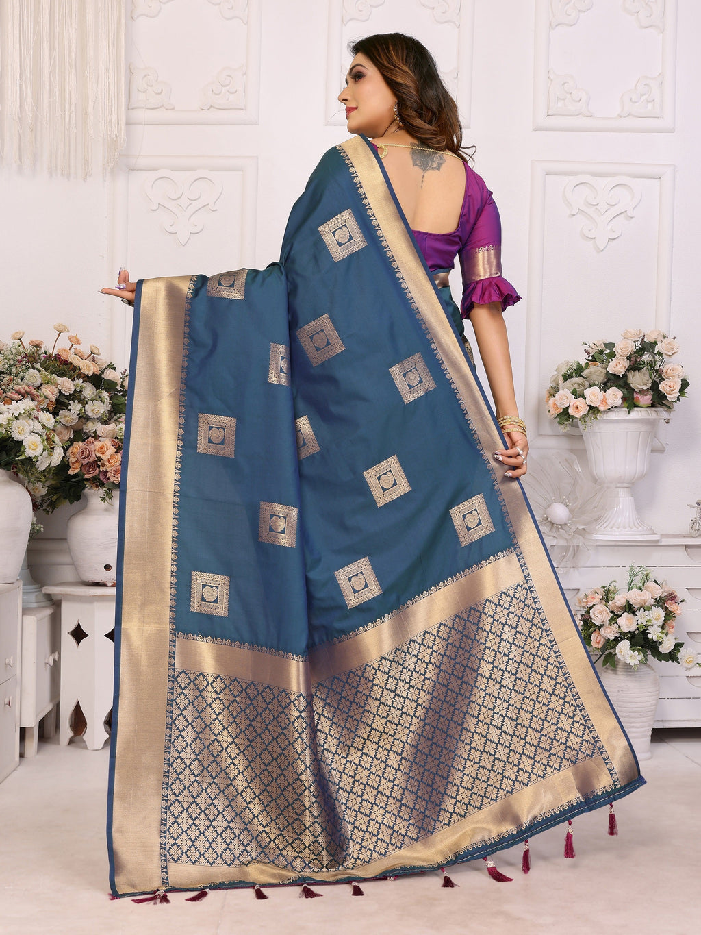 Vedant Vastram Soft Litchi Silk Banarasi Silk Saree - Blue