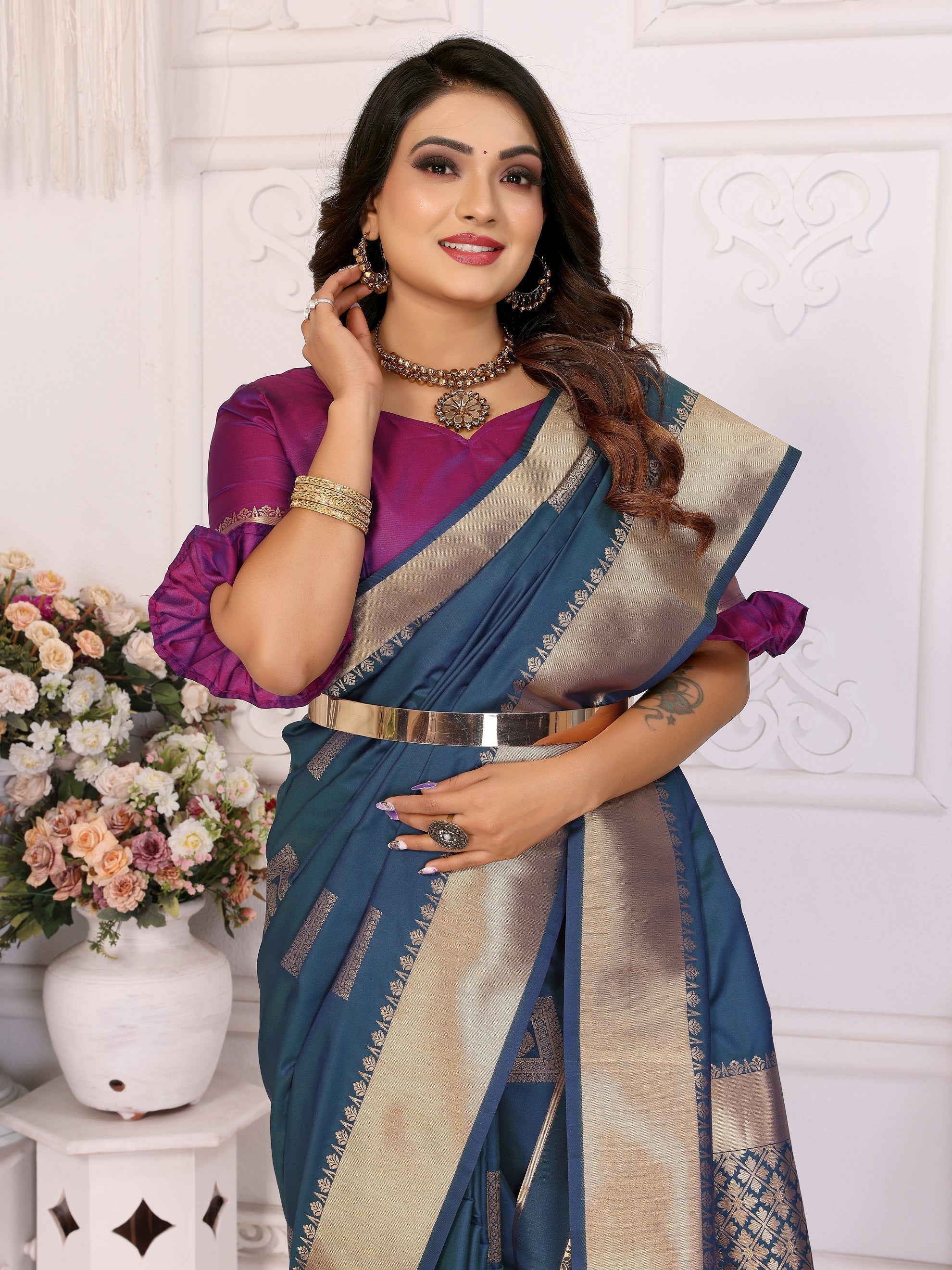 Vedant Vastram Soft Litchi Silk Banarasi Silk Saree - Blue