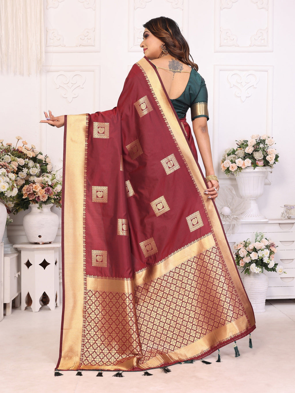 Vedant Vastram Soft Litchi Silk Banarasi Silk Saree - Maroon