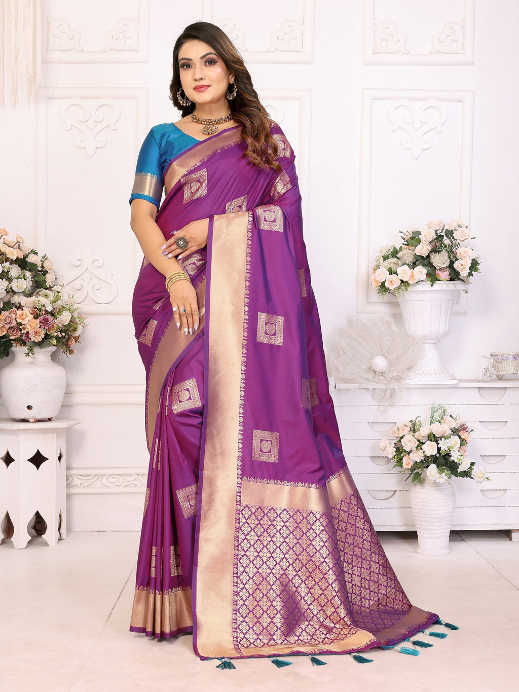 Vedant Vastram Soft Litchi Silk Banarasi Silk Saree - Purple