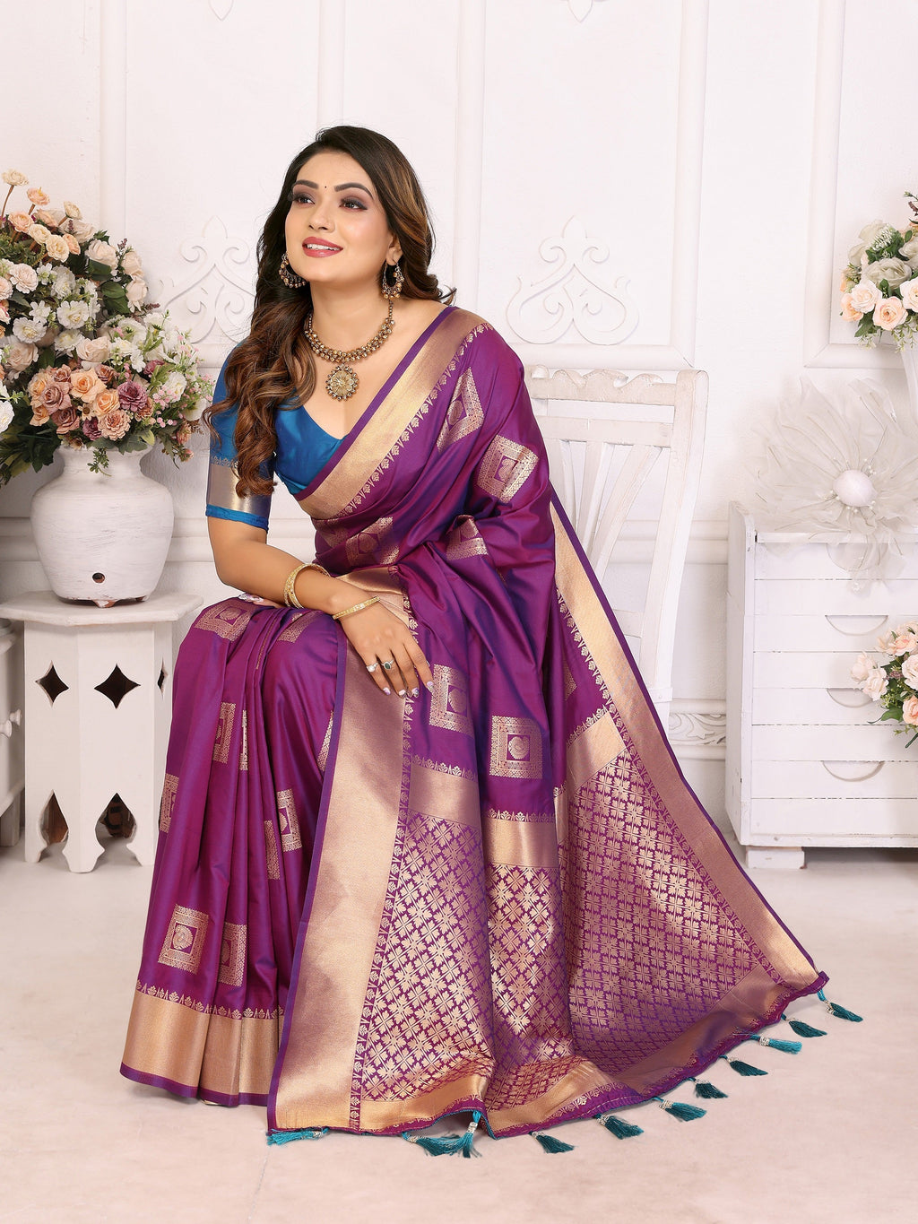 Vedant Vastram Soft Litchi Silk Banarasi Silk Saree - Purple
