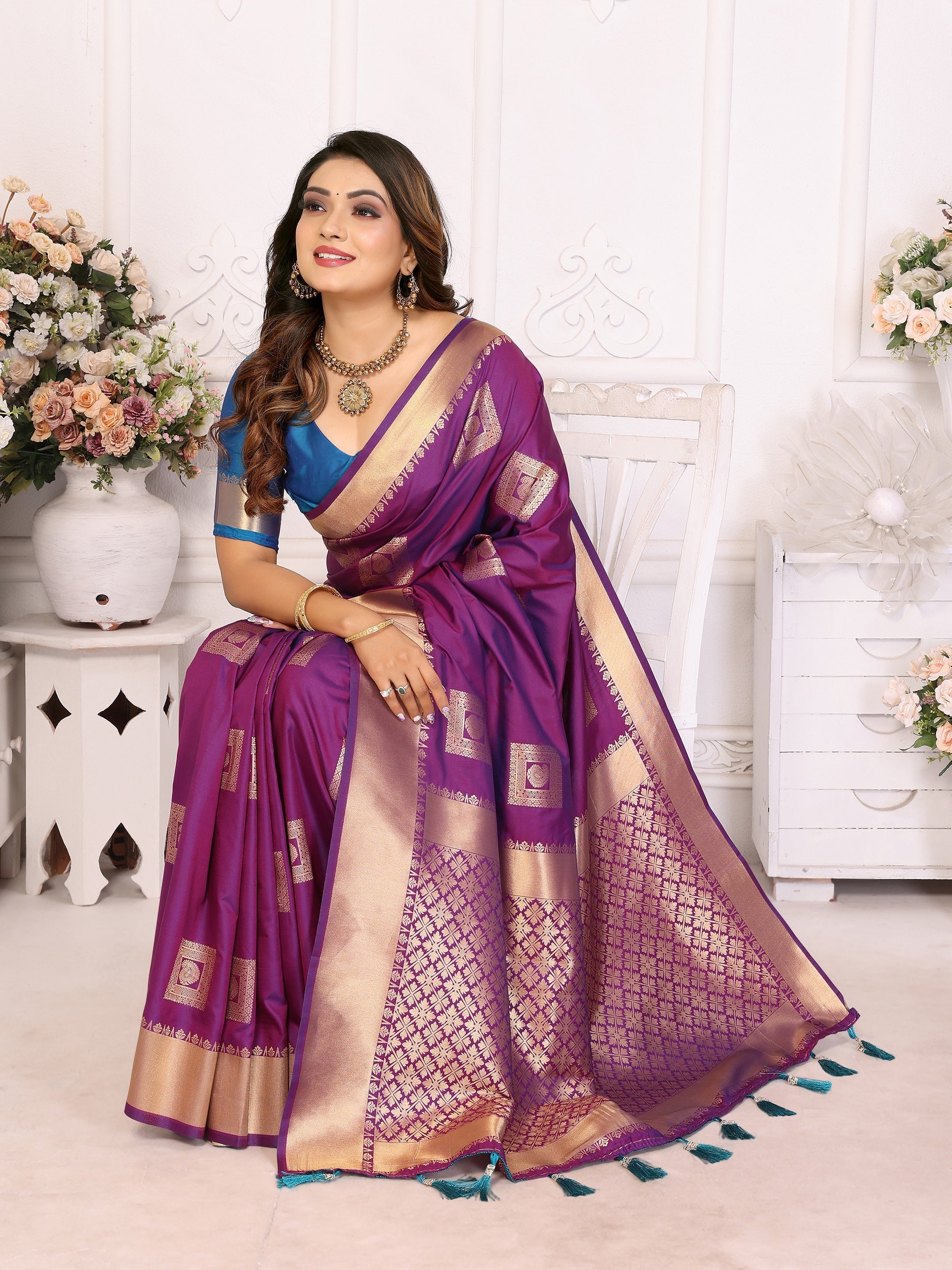 Vedant Vastram Soft Litchi Silk Banarasi Silk Saree - Purple