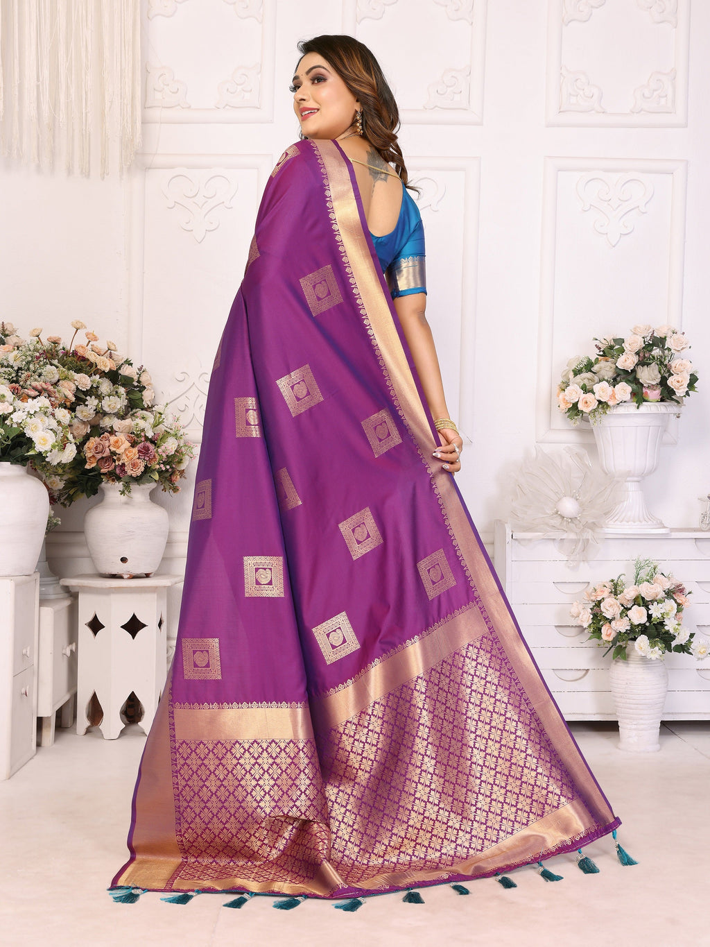 Vedant Vastram Soft Litchi Silk Banarasi Silk Saree - Purple
