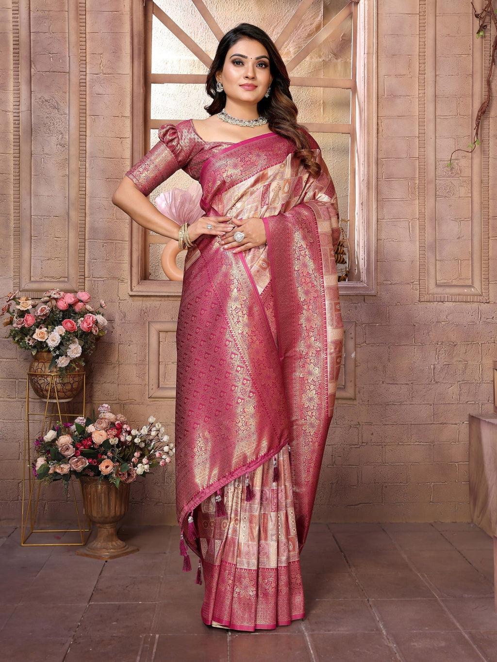 Vedant Vastram Soft Litchi Silk Kanjeevaram Silk Saree - Beige