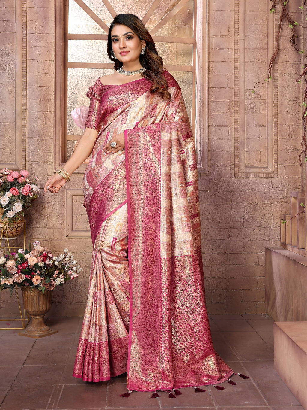 Vedant Vastram Soft Litchi Silk Kanjeevaram Silk Saree - Beige