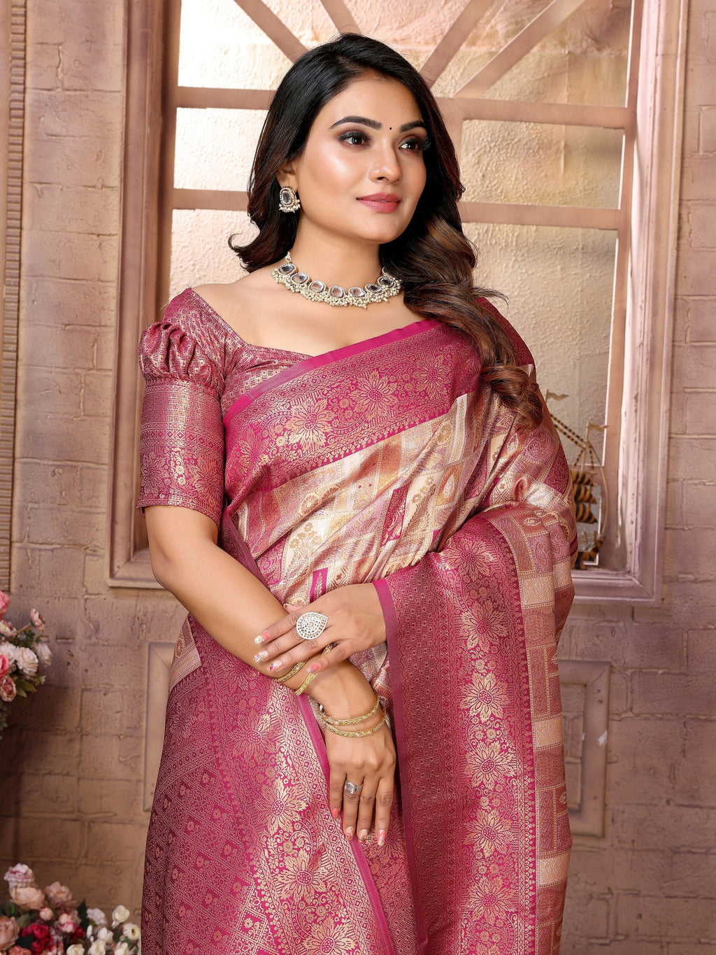 Vedant Vastram Soft Litchi Silk Kanjeevaram Silk Saree - Beige