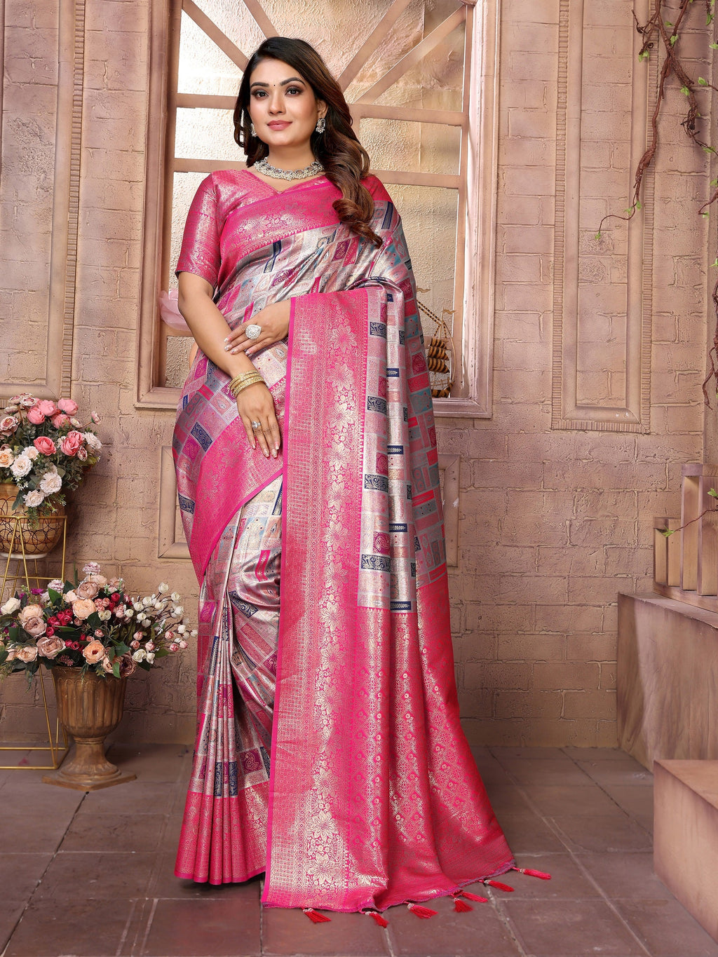 Vedant Vastram Soft Litchi Silk Kanjeevaram Silk Saree - Grey