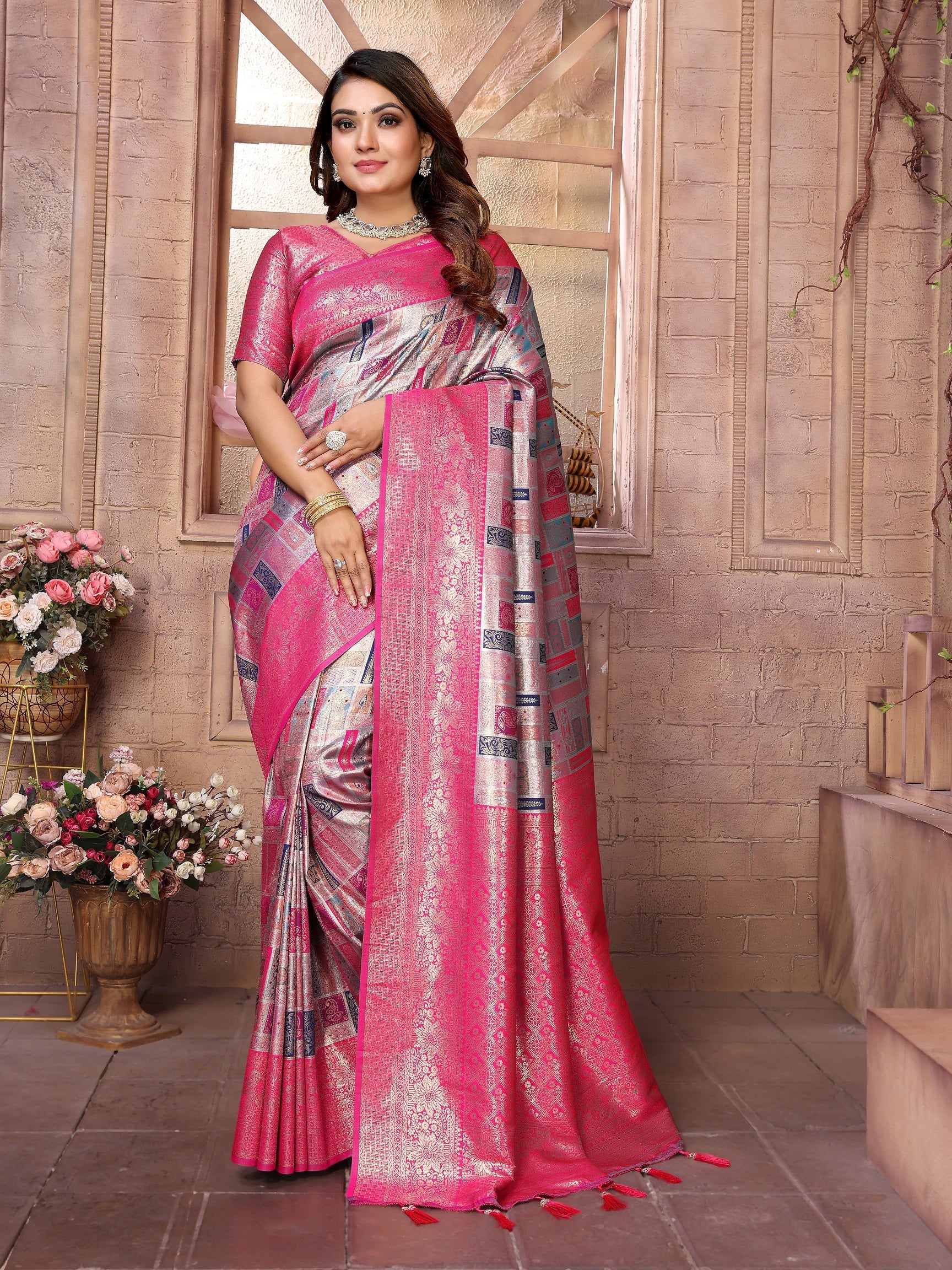 Vedant Vastram Soft Litchi Silk Kanjeevaram Silk Saree - Grey