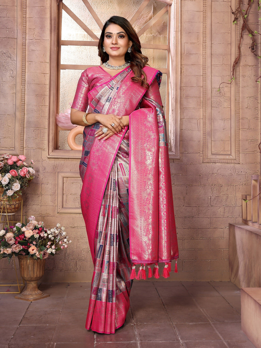 Vedant Vastram Soft Litchi Silk Kanjeevaram Silk Saree - Grey