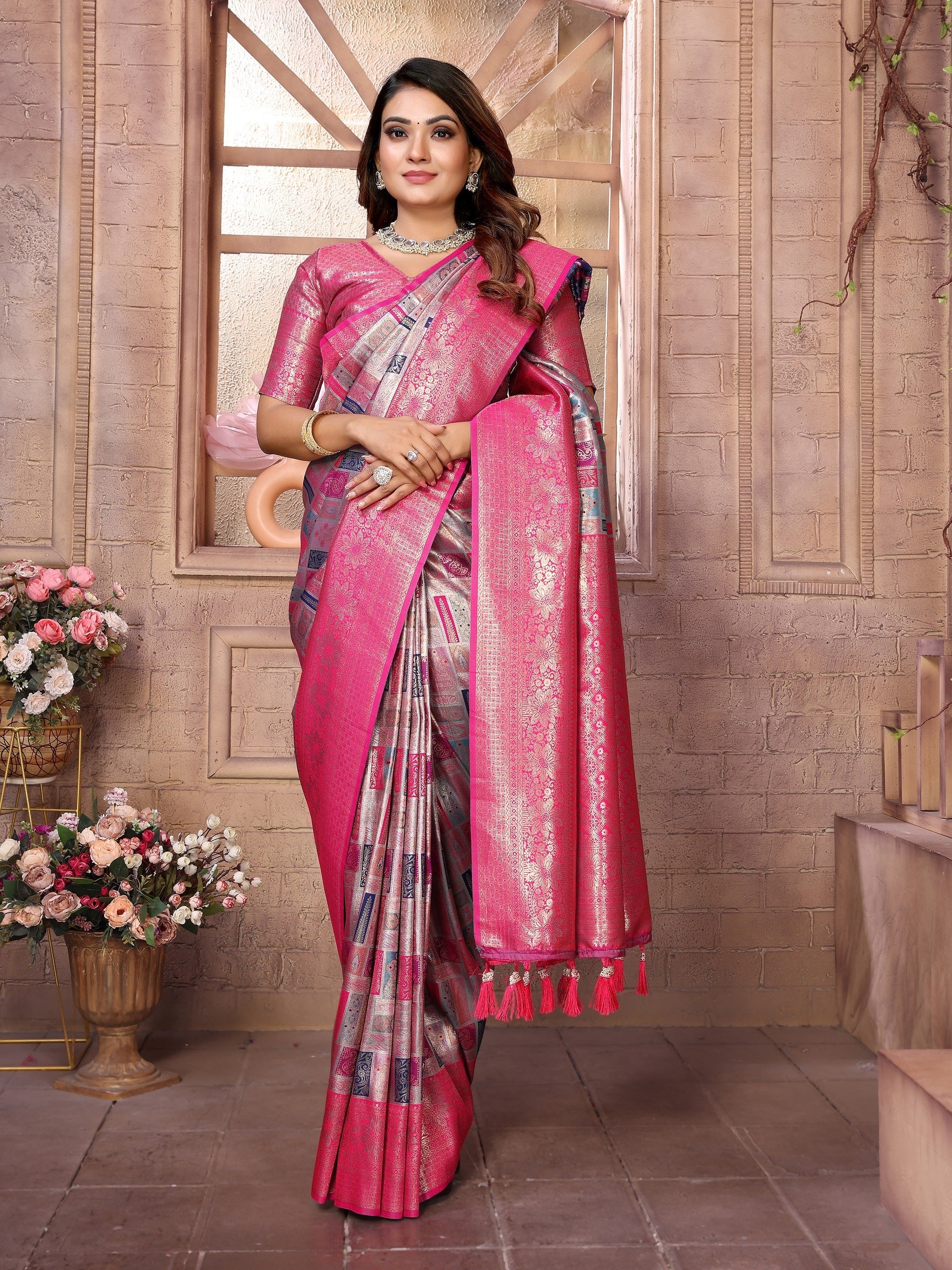 Vedant Vastram Soft Litchi Silk Kanjeevaram Silk Saree - Grey