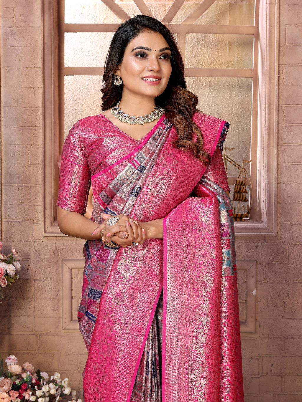 Vedant Vastram Soft Litchi Silk Kanjeevaram Silk Saree - Grey