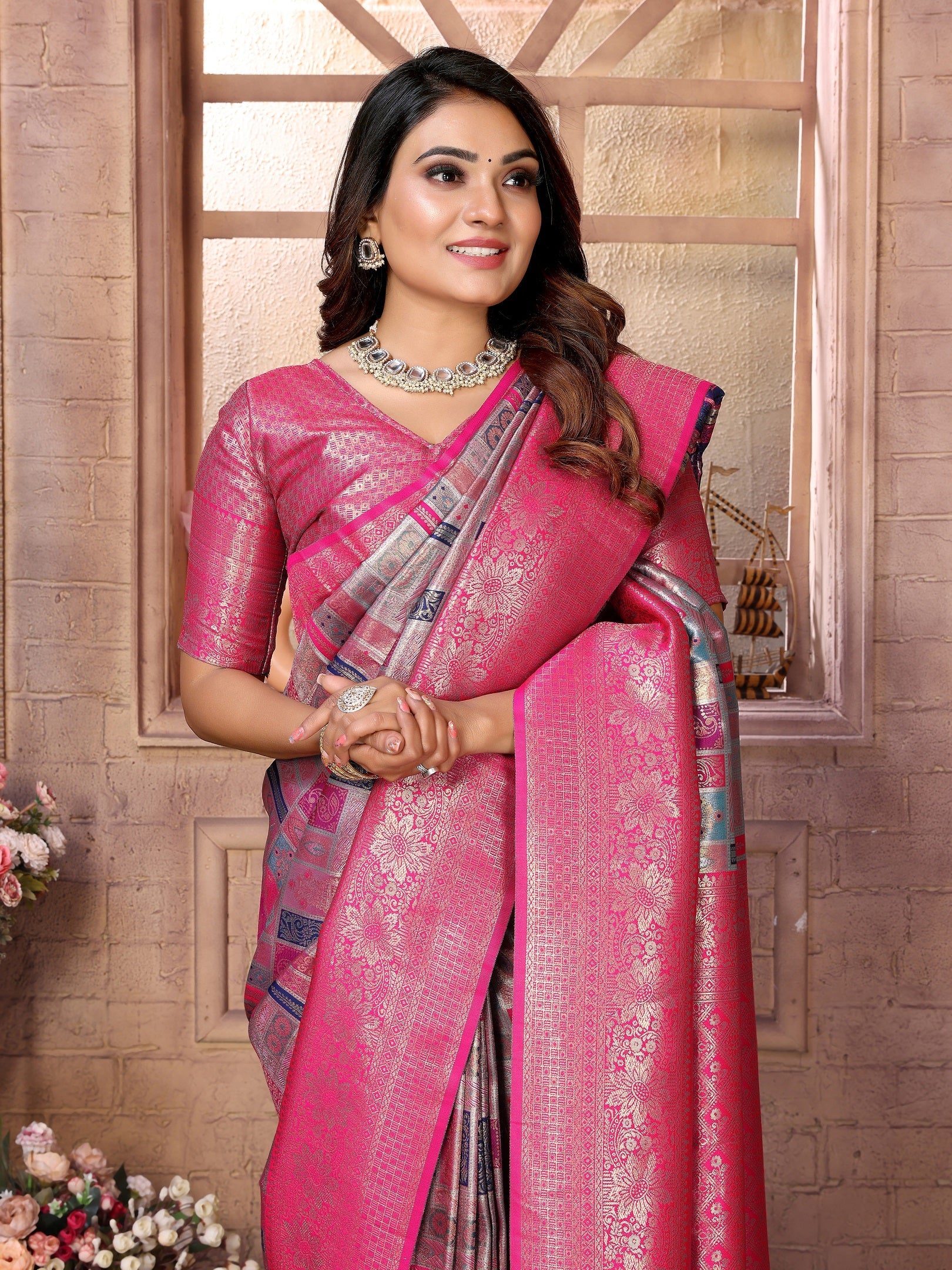 Vedant Vastram Soft Litchi Silk Kanjeevaram Silk Saree - Grey