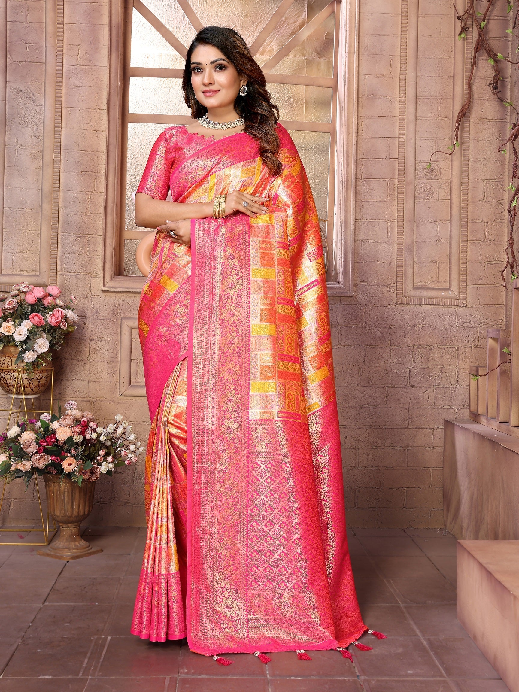 Vedant Vastram Soft Litchi Silk Kanjeevaram Silk Saree - Mustard